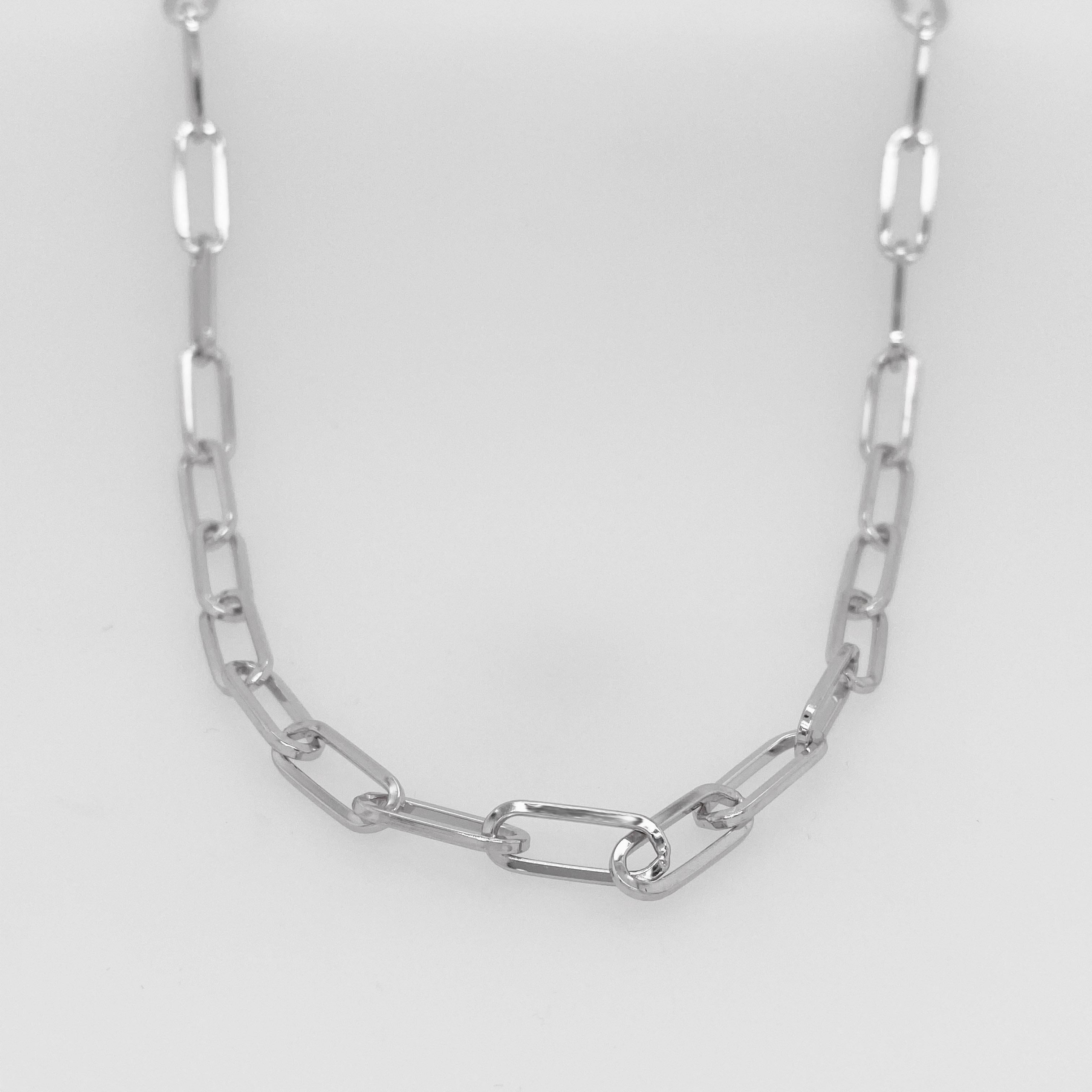 Sterling Silver Paperclip Chain is the 2020 Best Design!  The details are as follows:

Link Width: 3mm/.26in
Link Height: 14.93mm/.59in
Chain Length: 18in
Weight: 8.2

This chain is available in 10 inches (6.5mm paperclip bracelet) 16 inches, 20