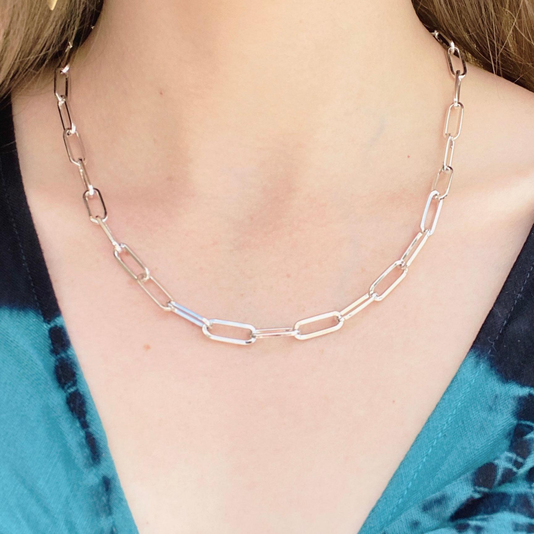 Sterling Silver Paperclip Chain is the 2020 Best Design!  The details are as follows:

Link Width: 6.5mm/.26in
Link Height: 14.93mm/.59in
Chain Length: 38in
Weight: 25.2

This chain is available in 7.5 inches (6.5mm paperclip bracelet) and 18