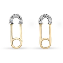 Paperclip Pavé Set Natural Diamond Cool Trendy Safety Pin Stud Earrings 14K