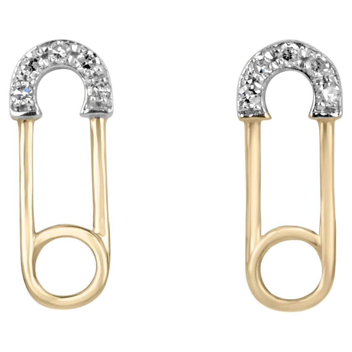 Paperclip Pavé Set Natural Diamond Cool Trendy Safety Pin Stud Earrings 14K For Sale