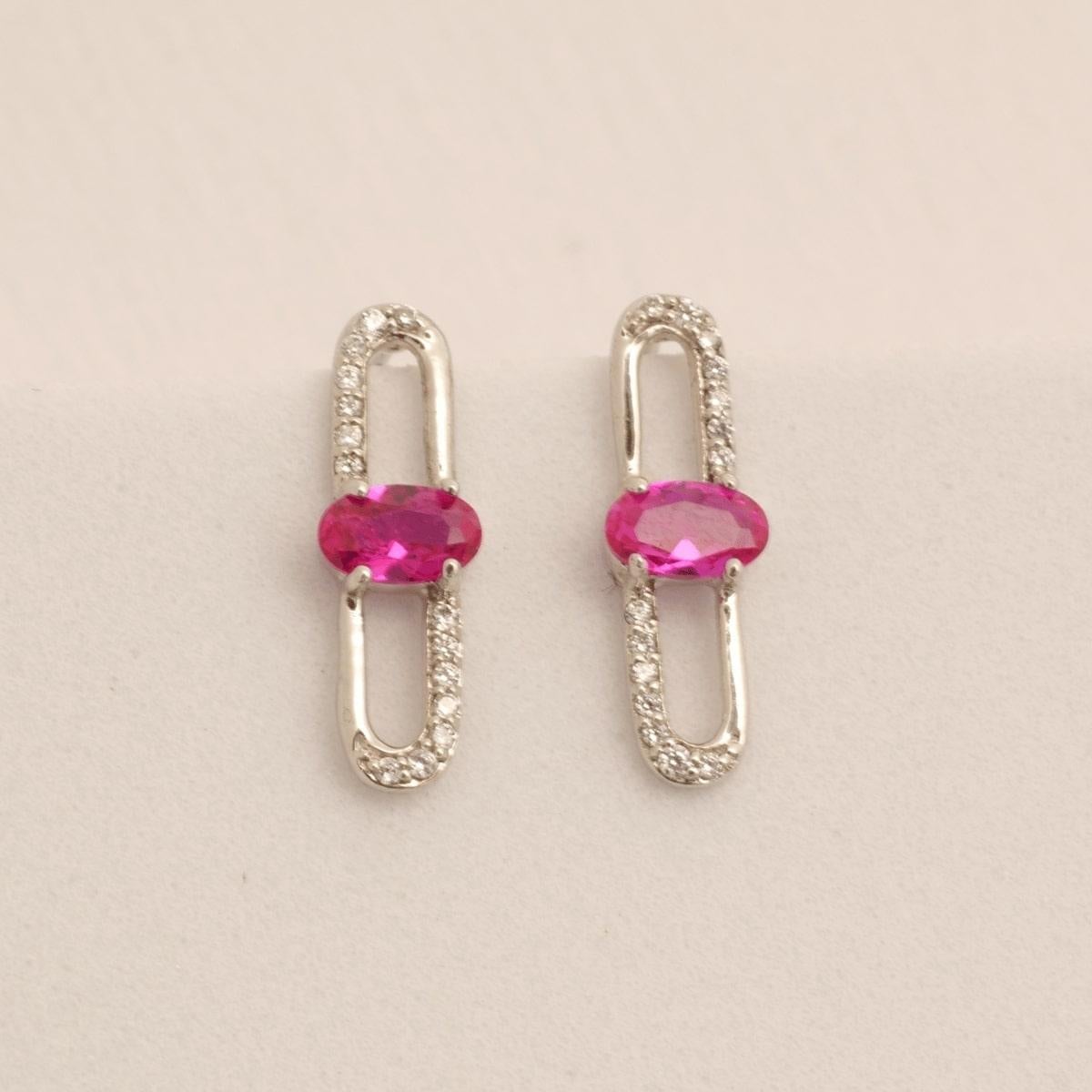 Paperclip Ruby Gemstone Diamond Stud Earrings in 14k Solid Gold (Certified) For Sale 2