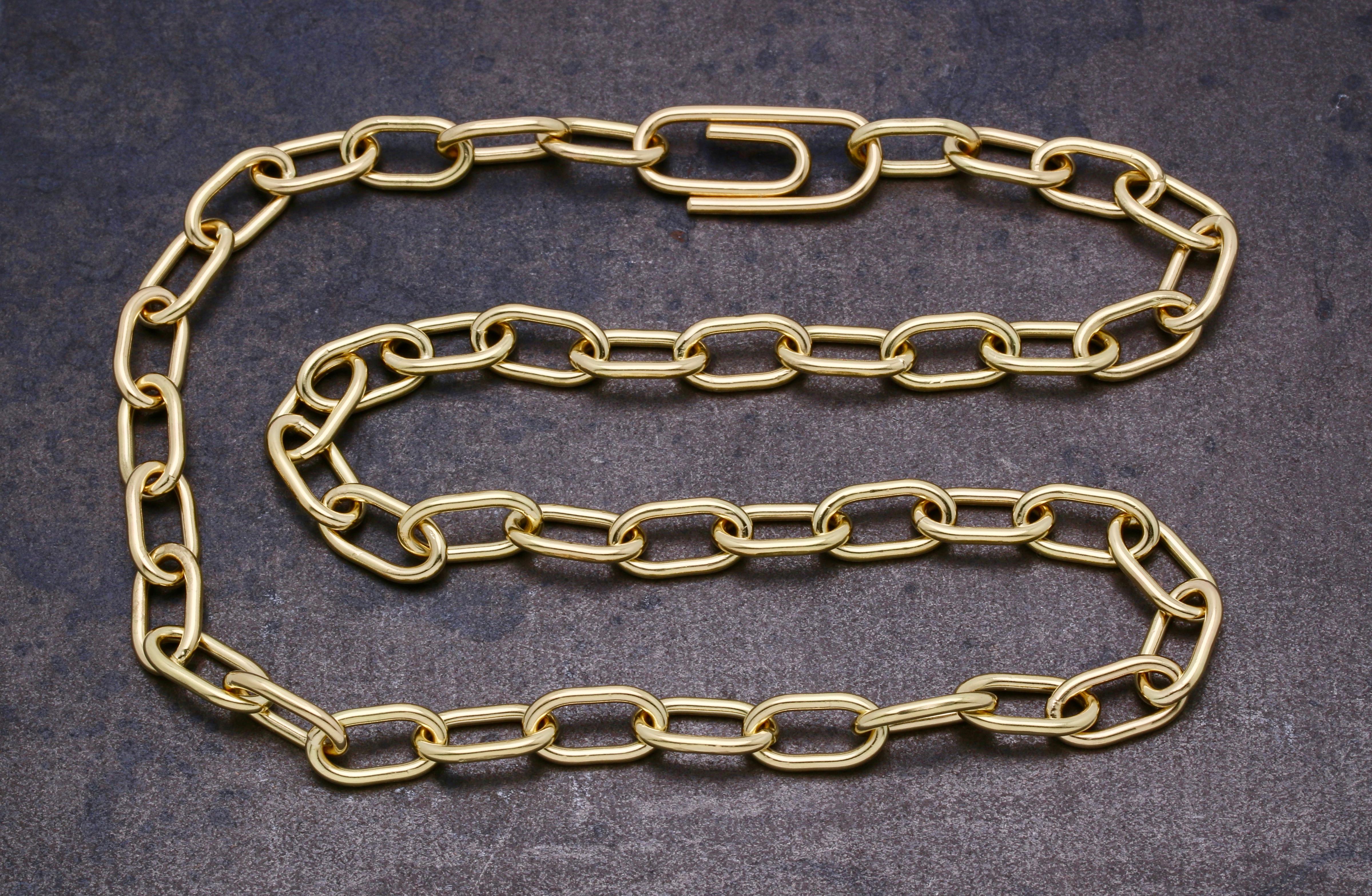 The Vaaler Grand Chain Necklace. Our limited edition series of classic cable chains, hand fabricated paperclip links in 18k gold solid wire with a tumbled polish. Finished on our perfectly crafted paperclip clasp and available in 15
