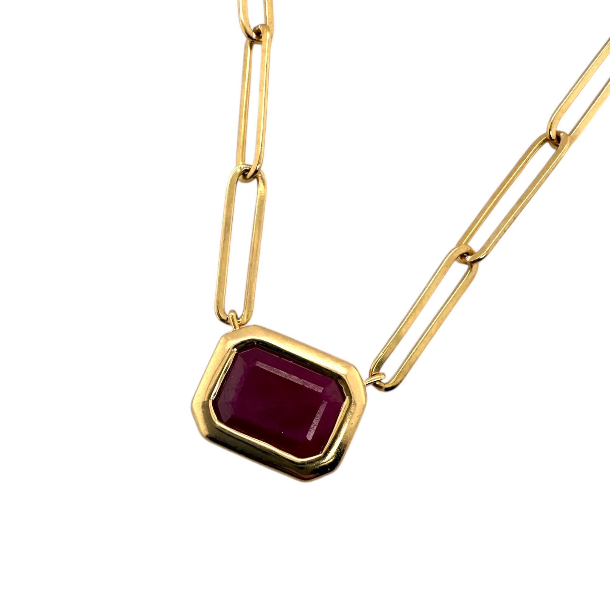 Emerald Cut Paperclip Style Bezel Set Ruby Necklace 14K Yellow Gold For Sale