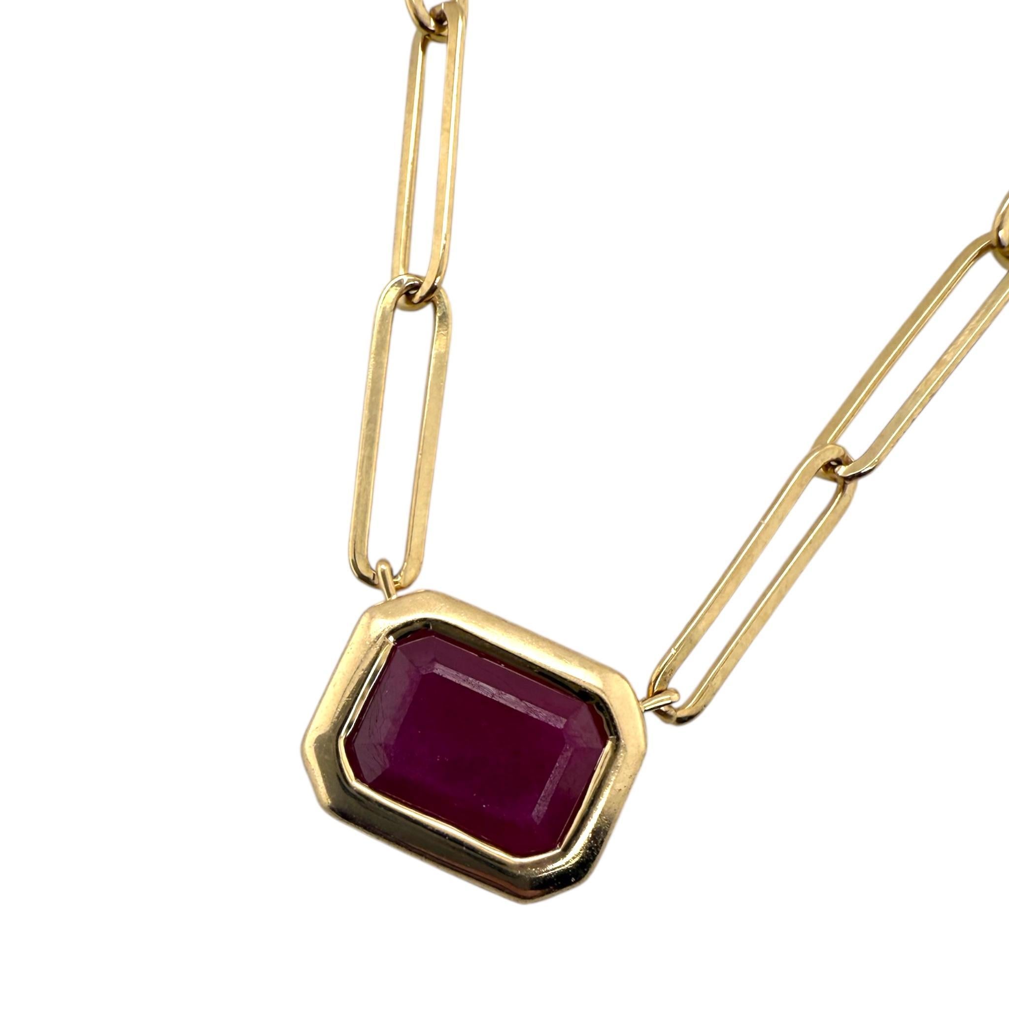 Women's Paperclip Style Bezel Set Ruby Necklace 14K Yellow Gold For Sale