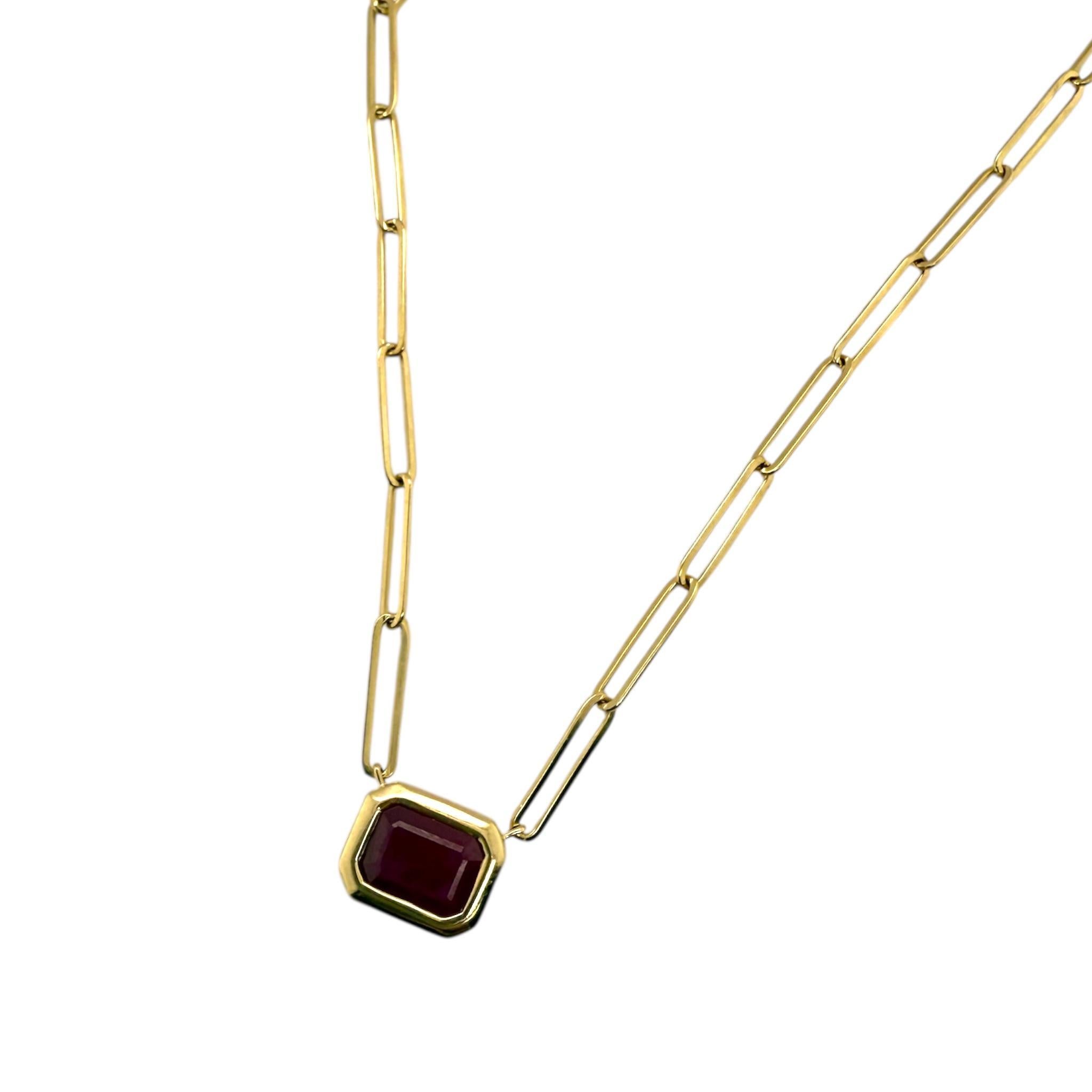 Paperclip Style Bezel Set Ruby Necklace 14K Yellow Gold For Sale 1