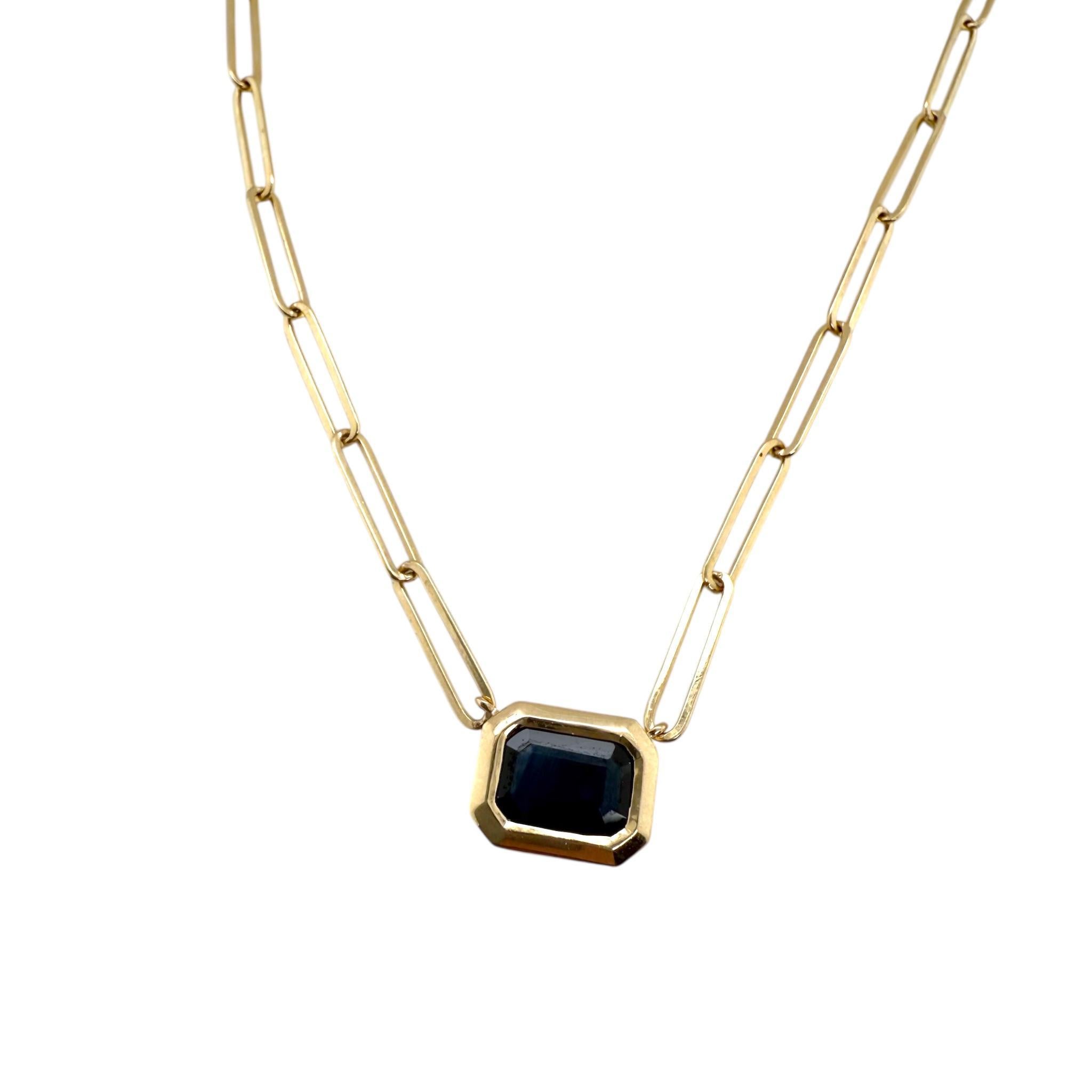 Emerald Cut Paperclip Style Bezel Set Sapphire Necklace 14K Yellow Gold For Sale