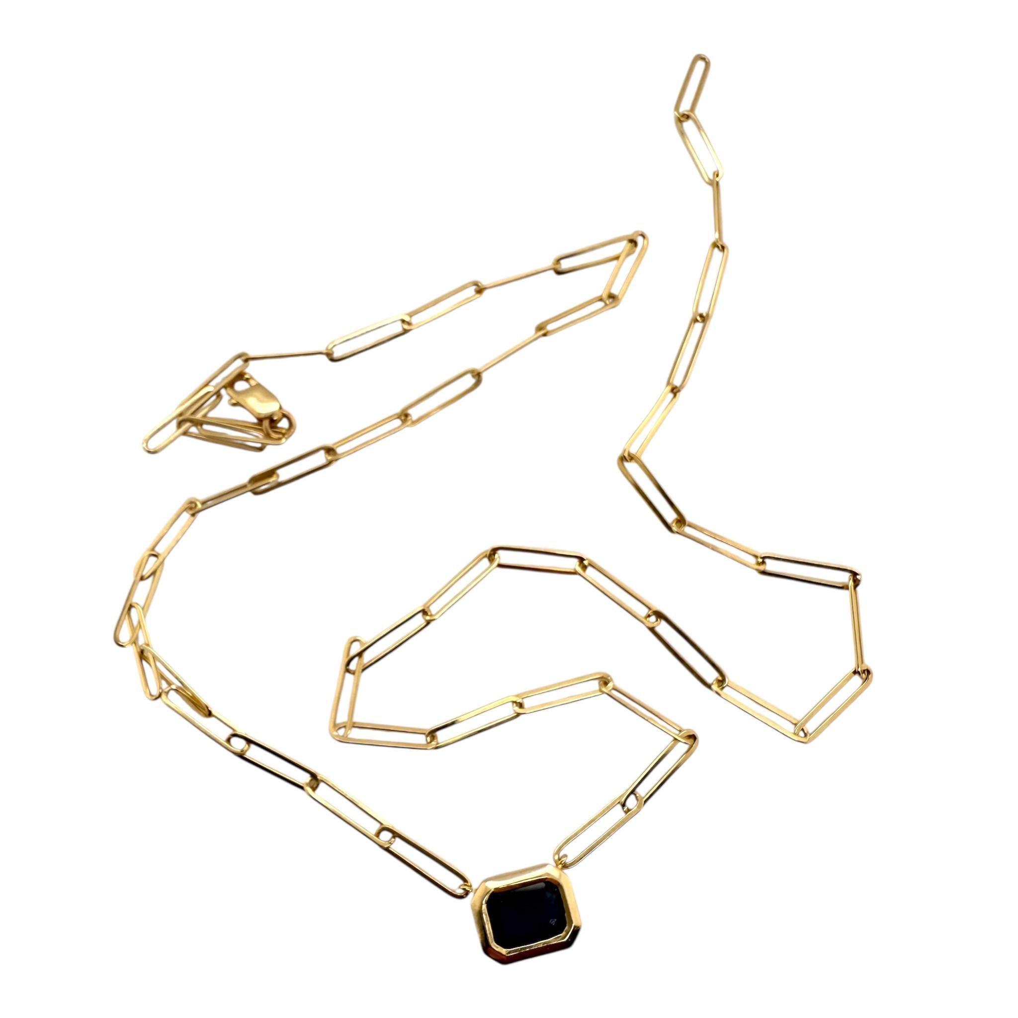 Paperclip Style Bezel Set Sapphire Necklace 14K Yellow Gold In Excellent Condition For Sale In Montgomery, AL