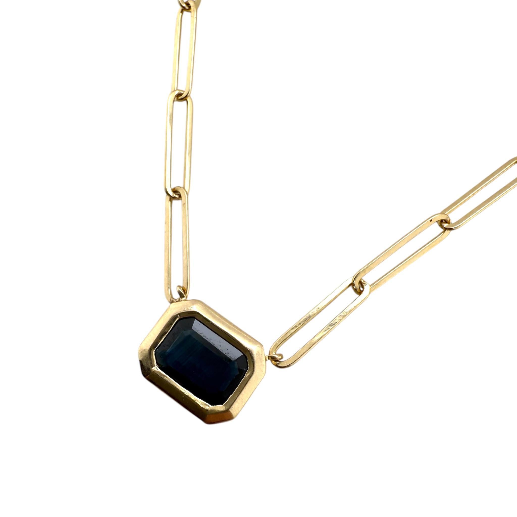 Women's Paperclip Style Bezel Set Sapphire Necklace 14K Yellow Gold For Sale