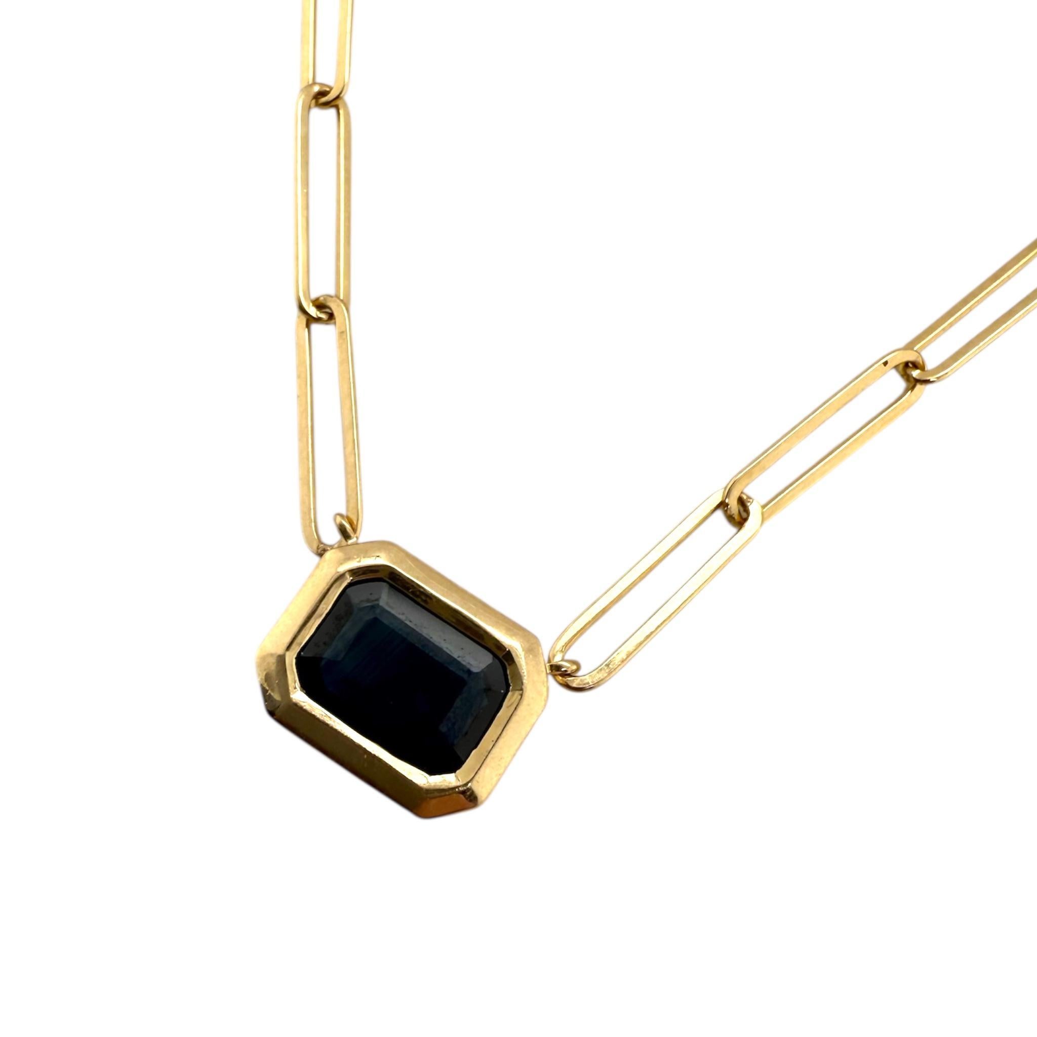 Paperclip Style Bezel Set Sapphire Necklace 14K Yellow Gold For Sale 1
