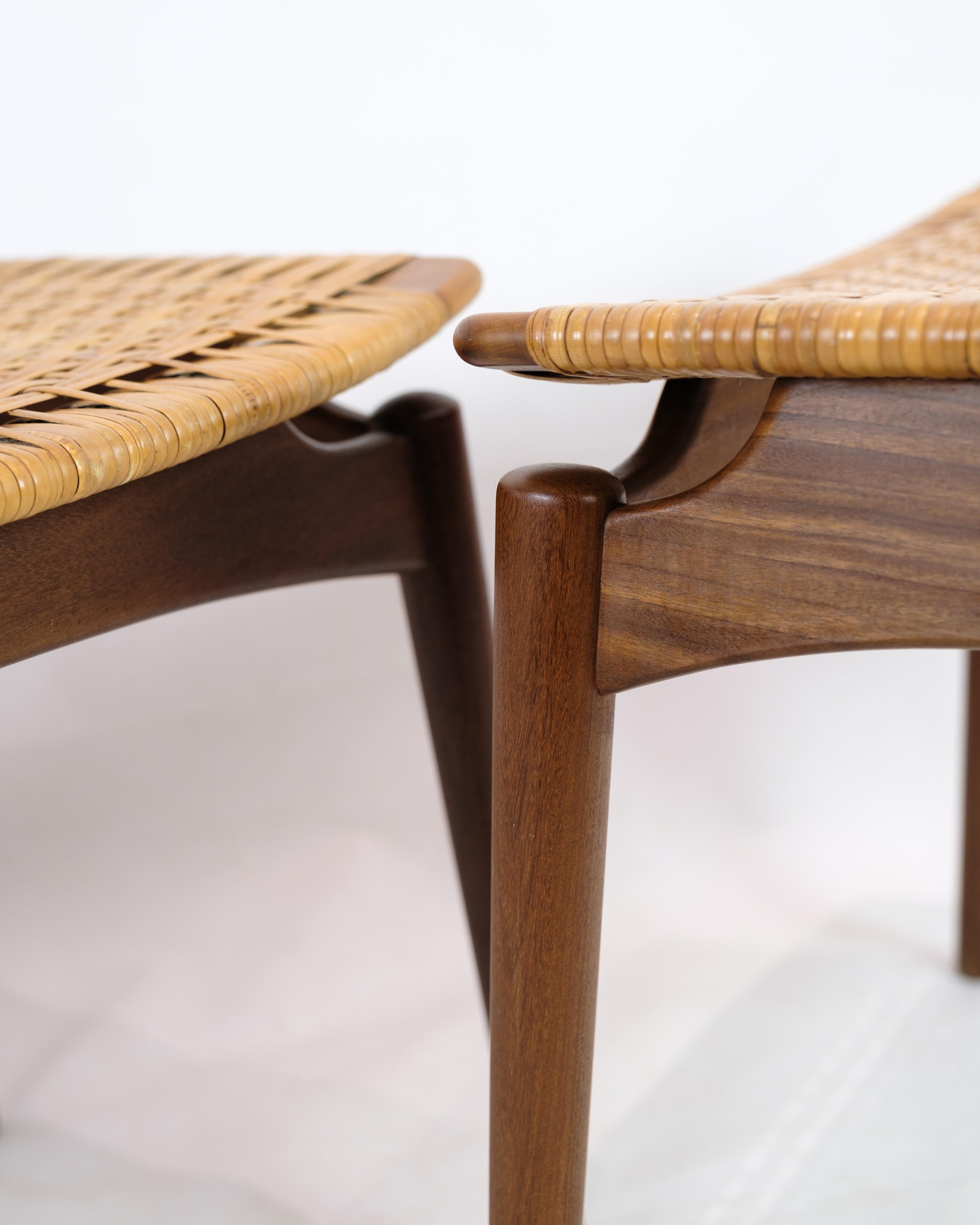 Mid-Century Modern Papercord / Cane Footstools in Teak Wood By Sigfred Omann For Ølholm Furniture  For Sale