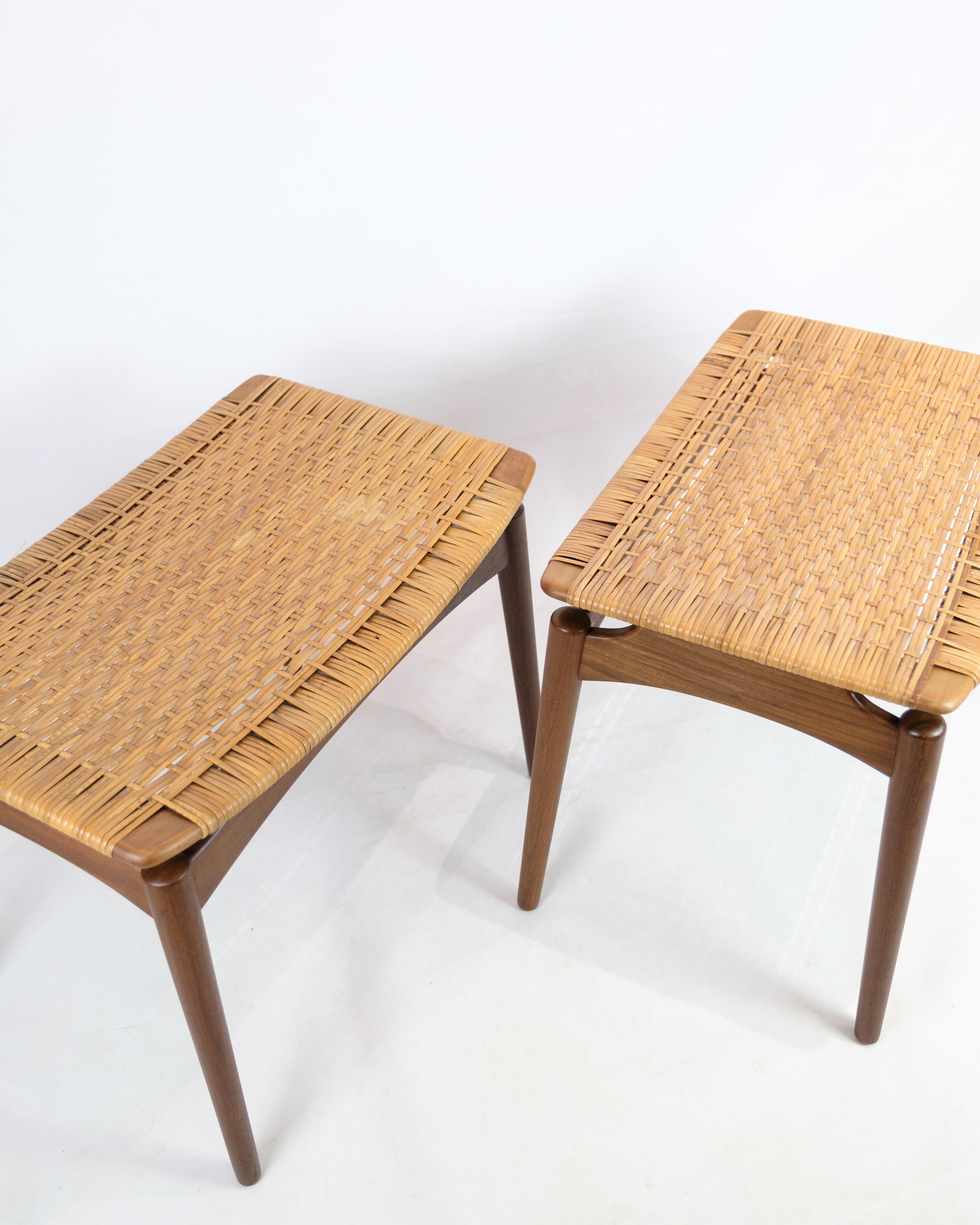 Papercord / Cane Footstools in Teak Wood By Sigfred Omann For Ølholm Furniture  For Sale 2