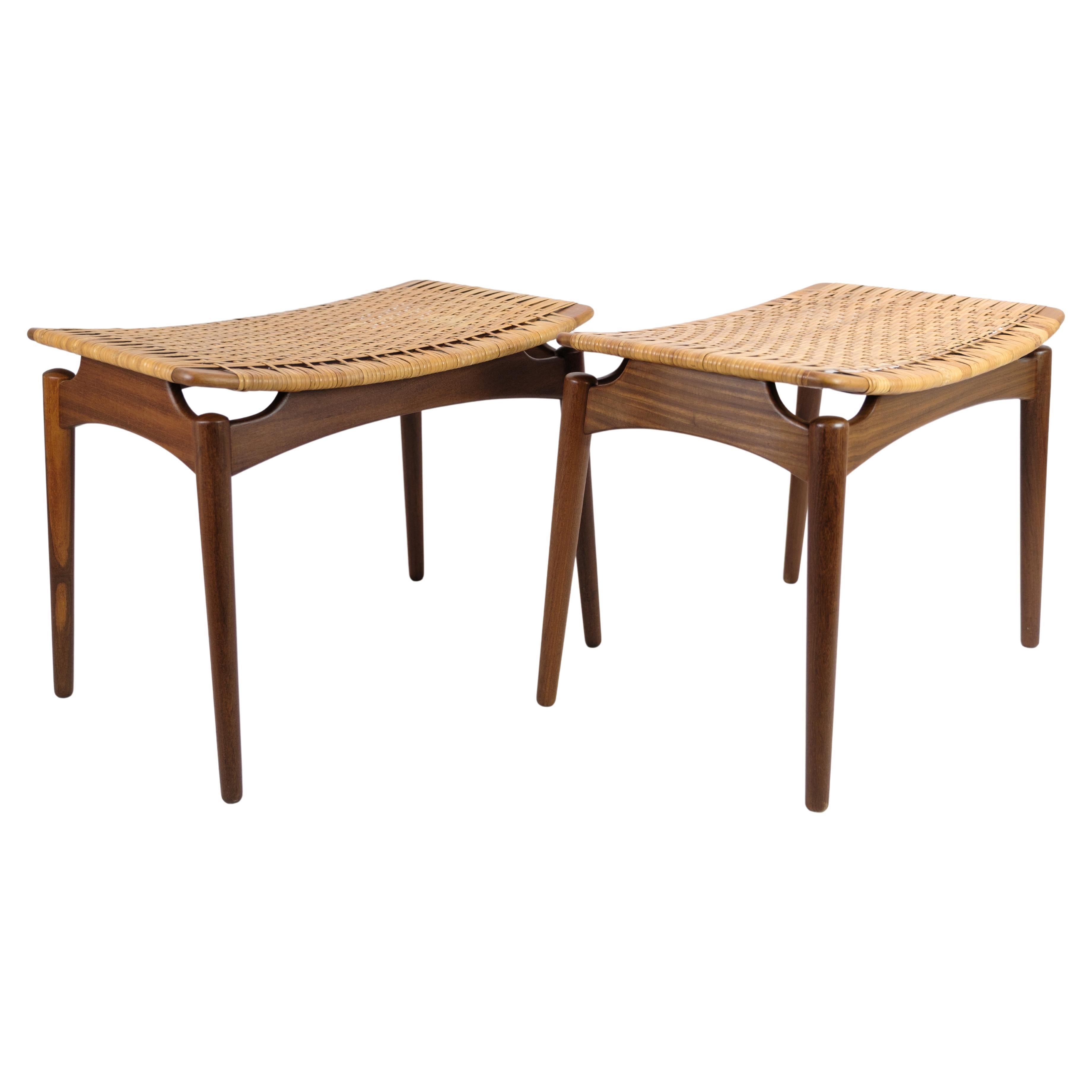 Papercord / Cane Footstools in Teak Wood By Sigfred Omann For Ølholm Furniture  en vente