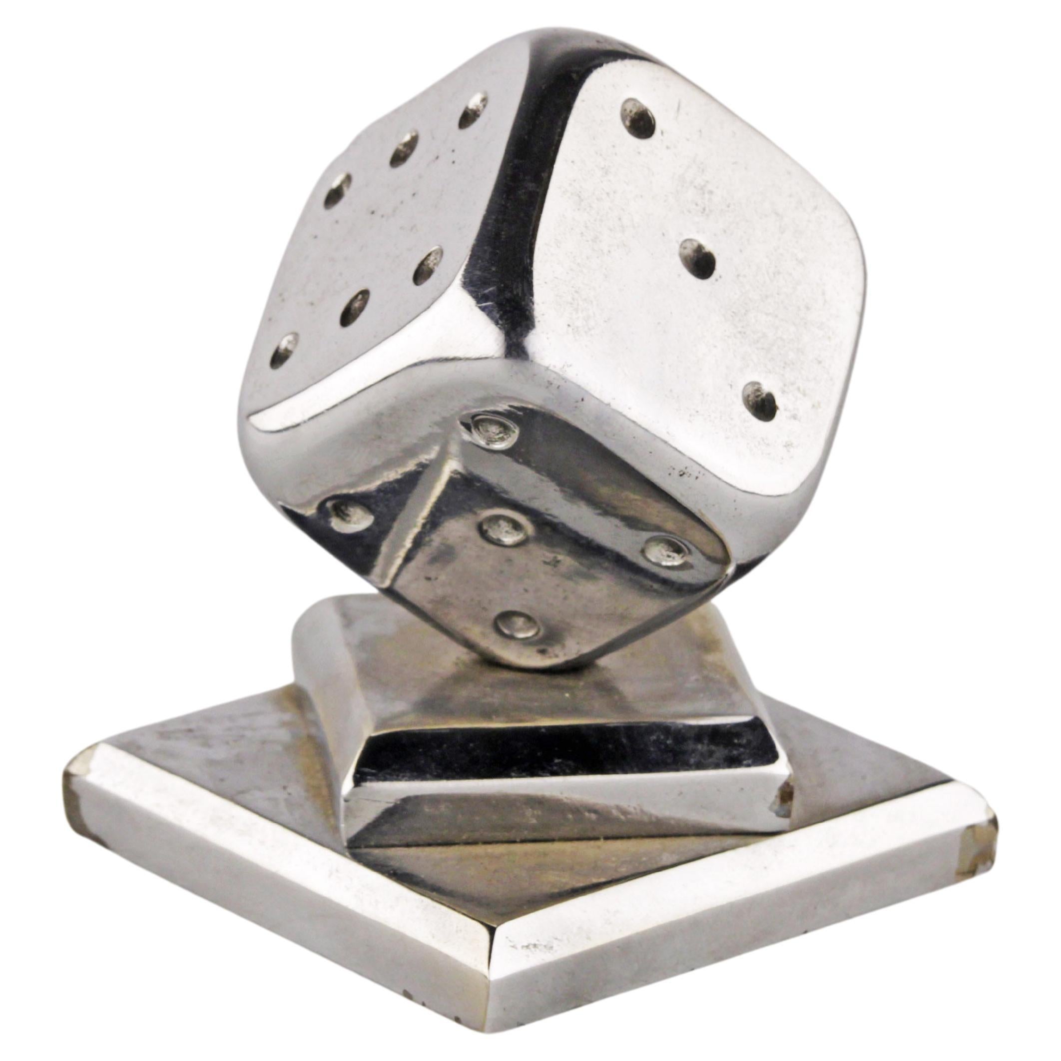 Art Déco French Polished Silvered Bronze Balancing Dice Paperweight by E. Brandt