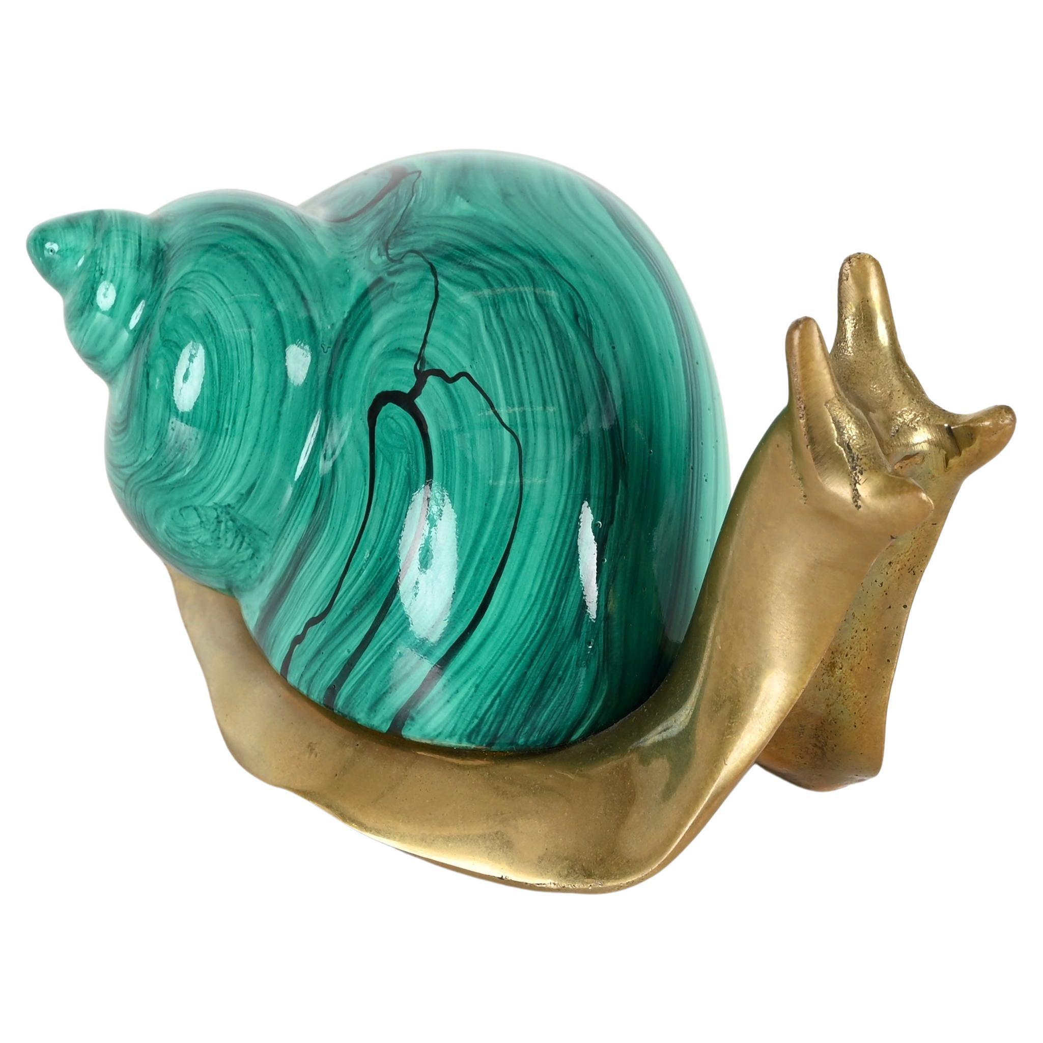 Paperweight Snail Sculpture in Green Malachite Italian Marble, 1970s