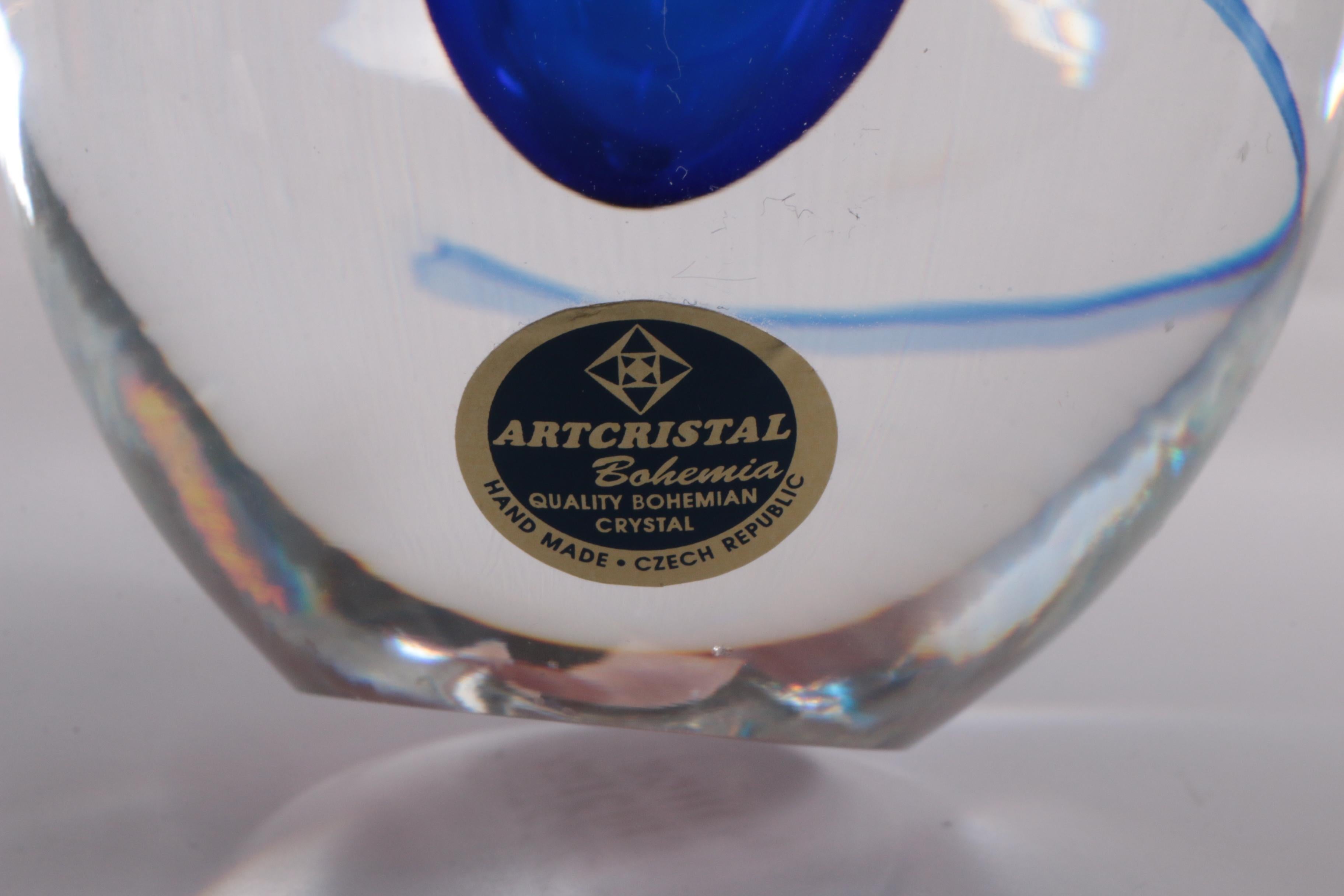 Art Glass Paperweight Egg Shape with Blue Drop Artcristal Bohemia For Sale