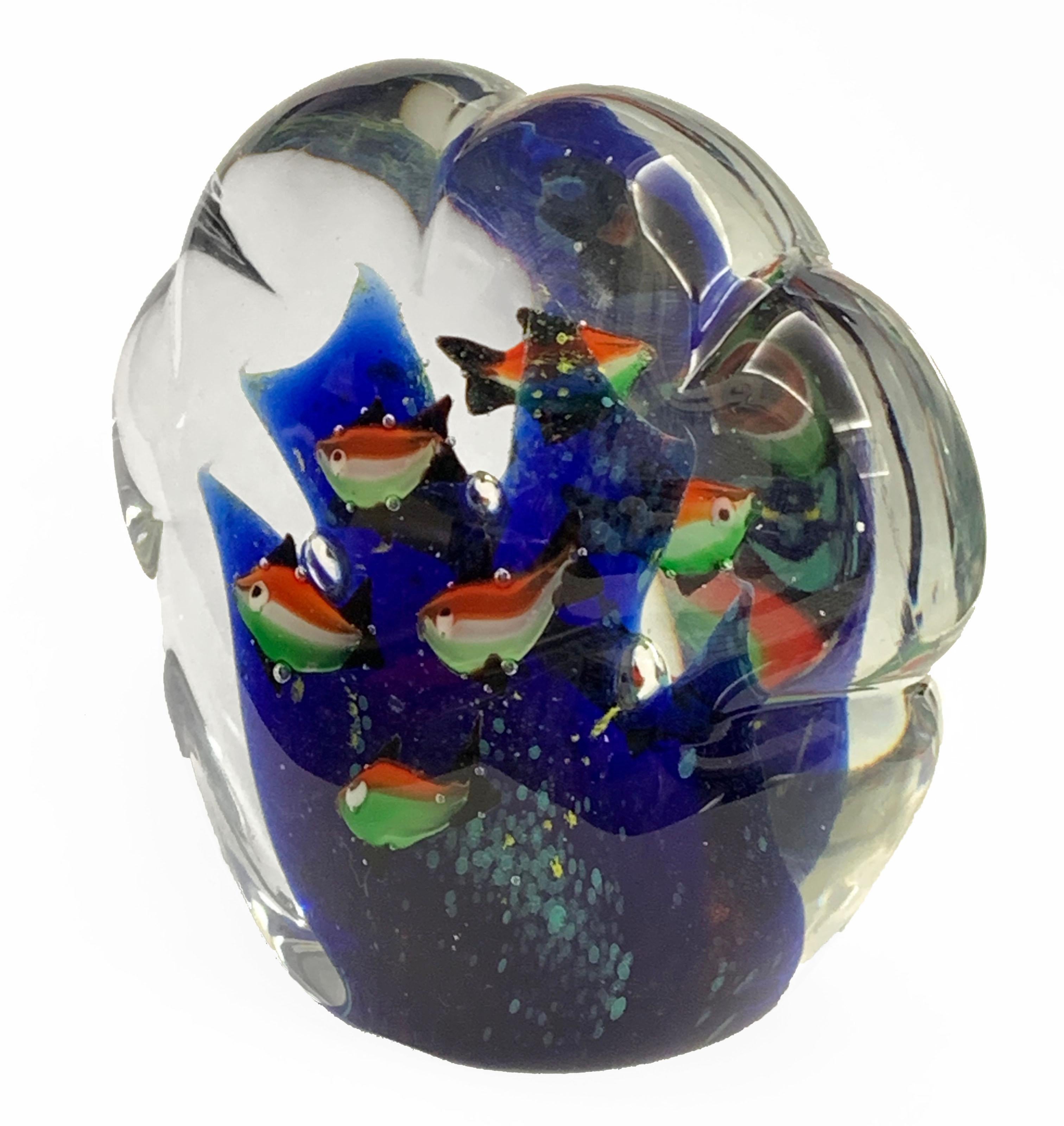 Mid-Century Modern Paperweight Sculpture for Aquarium in White, Blue, Red and Green Murano Glass