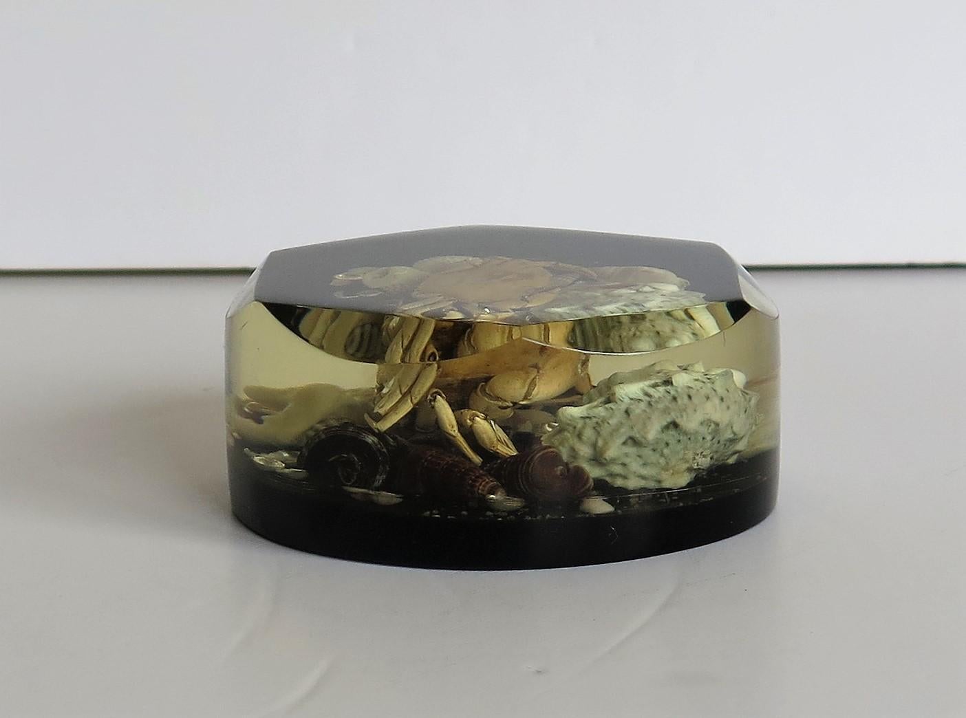 Acrylic Paperweight with Seashore Theme Handmade with Real Sea Shells & Crab, circa 1970 For Sale