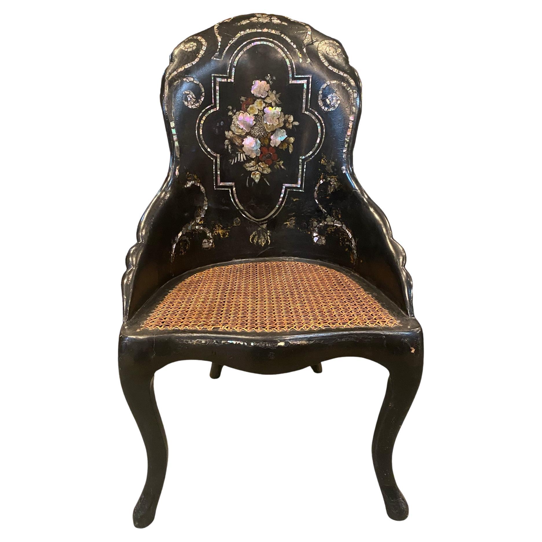 Papier-mâché 19th Century Chair with Mother of Pearl Inlay and Painted Details