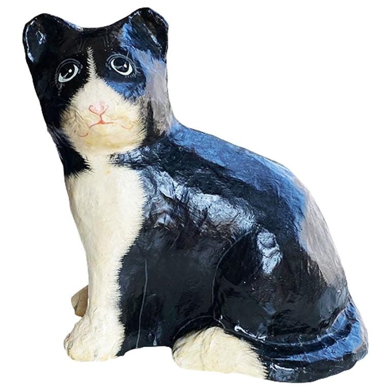 Papier Mâché Cat Sculpture in Black and White