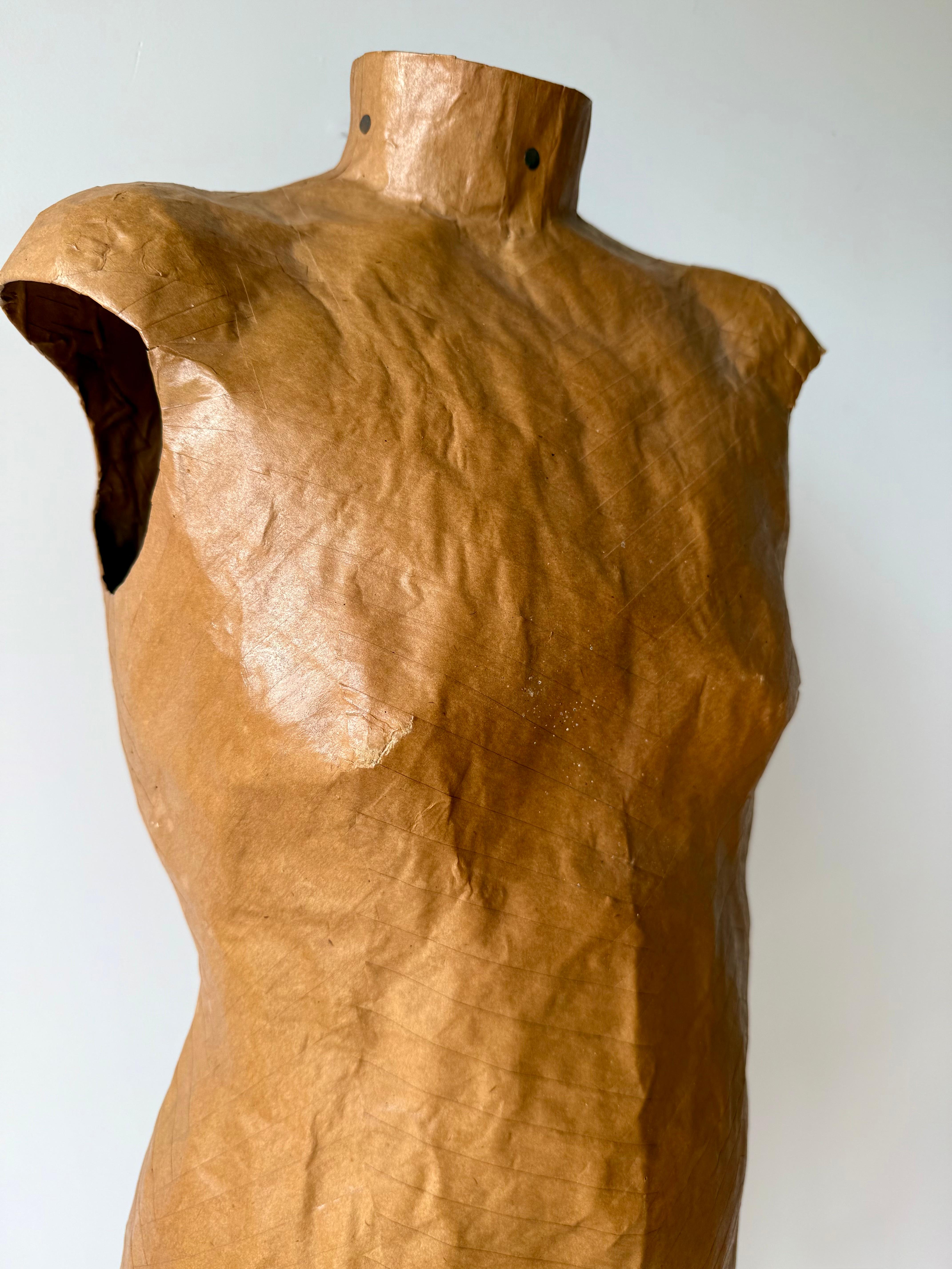 Mid-Century Modern Papier-Mâché Dress Form on Original Wooden Stand, Mid-20th Century For Sale