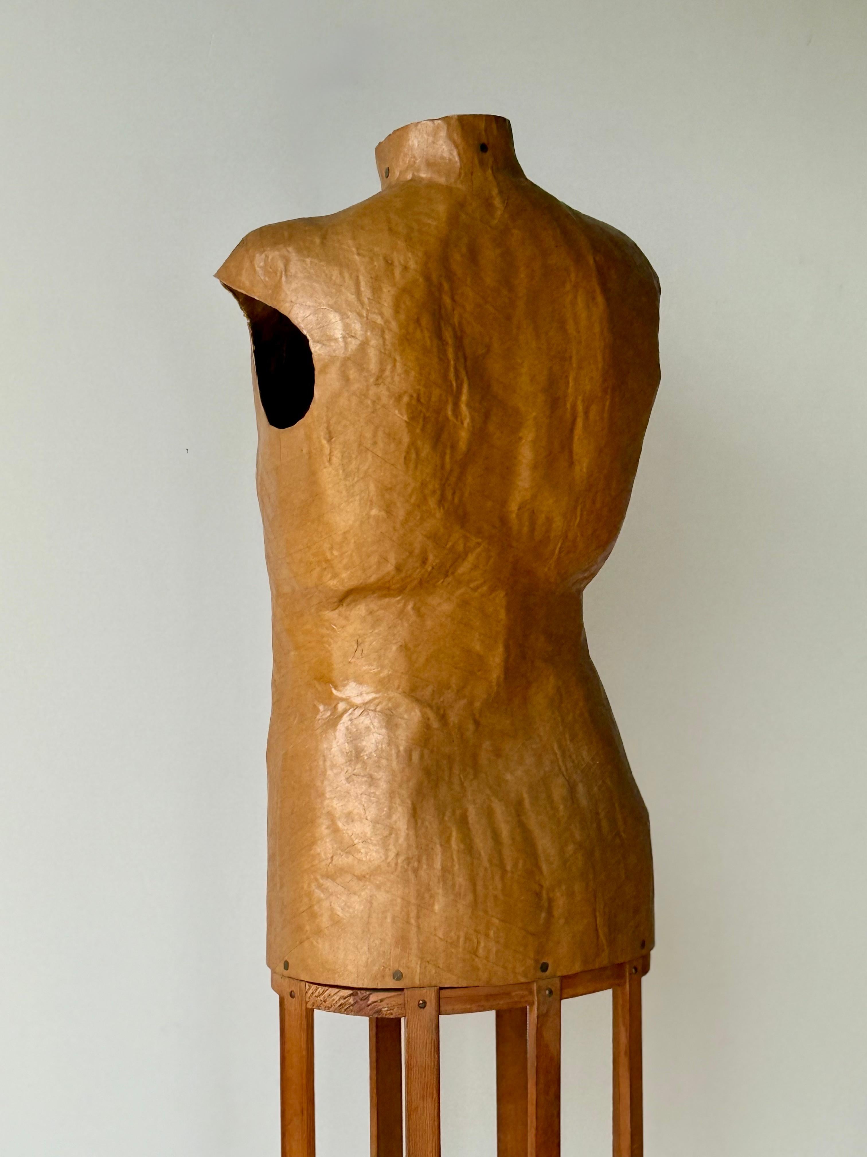 American Papier-Mâché Dress Form on Original Wooden Stand, Mid-20th Century For Sale