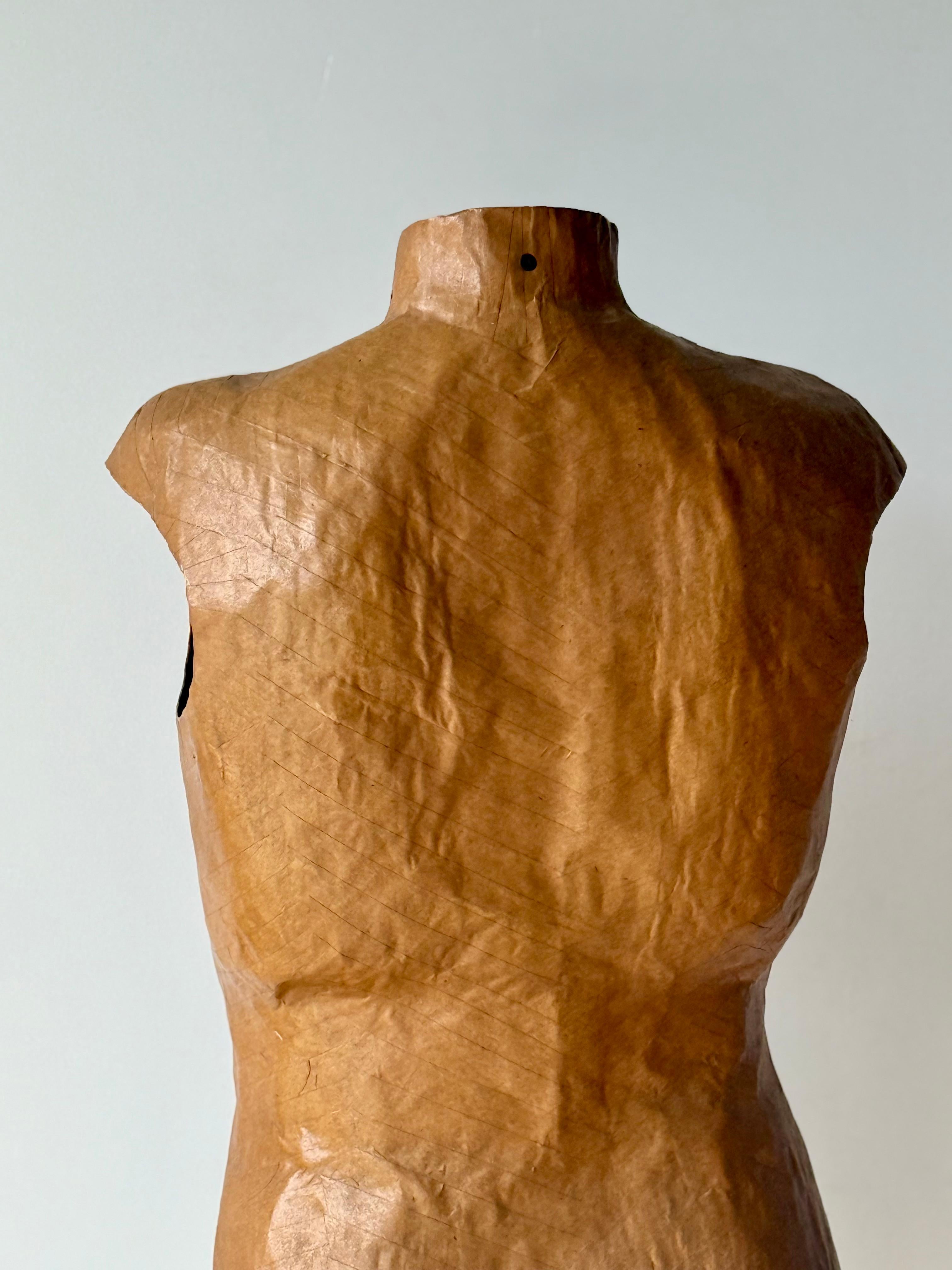 Hand-Crafted Papier-Mâché Dress Form on Original Wooden Stand, Mid-20th Century For Sale