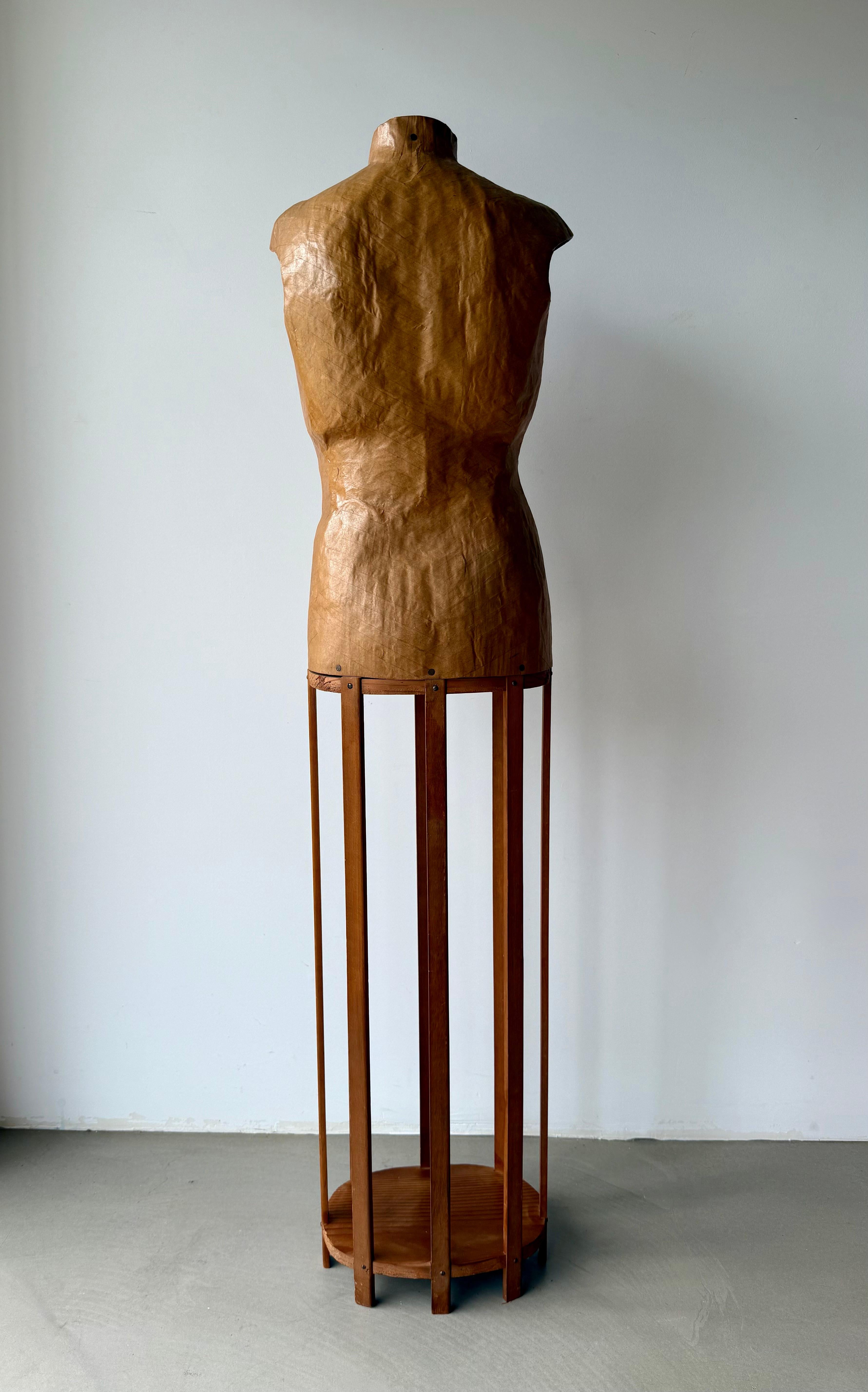 Papier-Mâché Dress Form on Original Wooden Stand, Mid-20th Century In Good Condition For Sale In Oceanside, US
