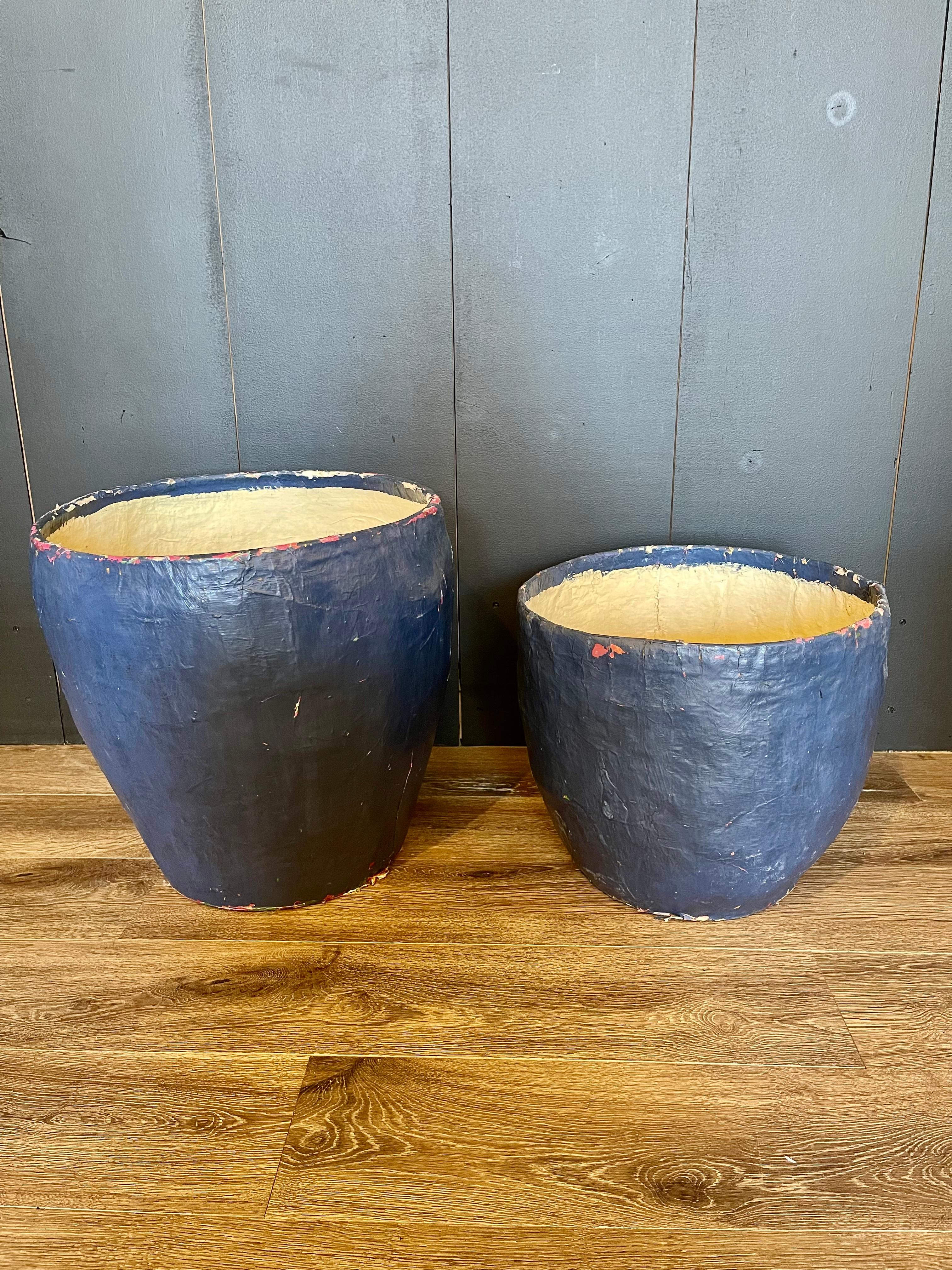 Découpage Papier Mâché French Blue Bucket Planter Set, Paper Mache Pot For Sale