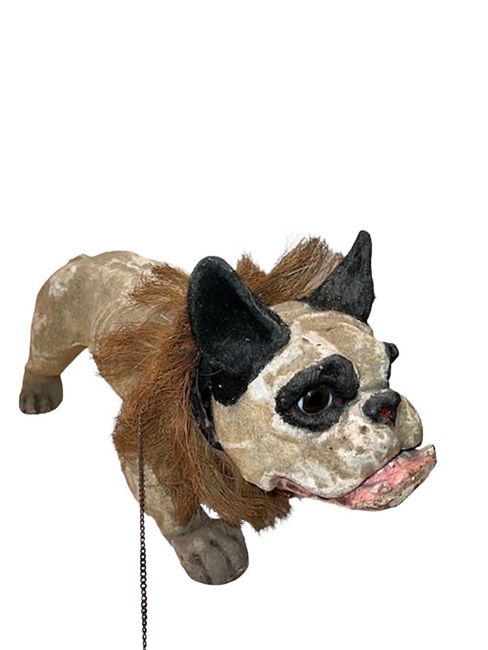 A French papier-mâché growler bulldog with pull chain which makes a growler noise when pulled. Circa 1900, France.