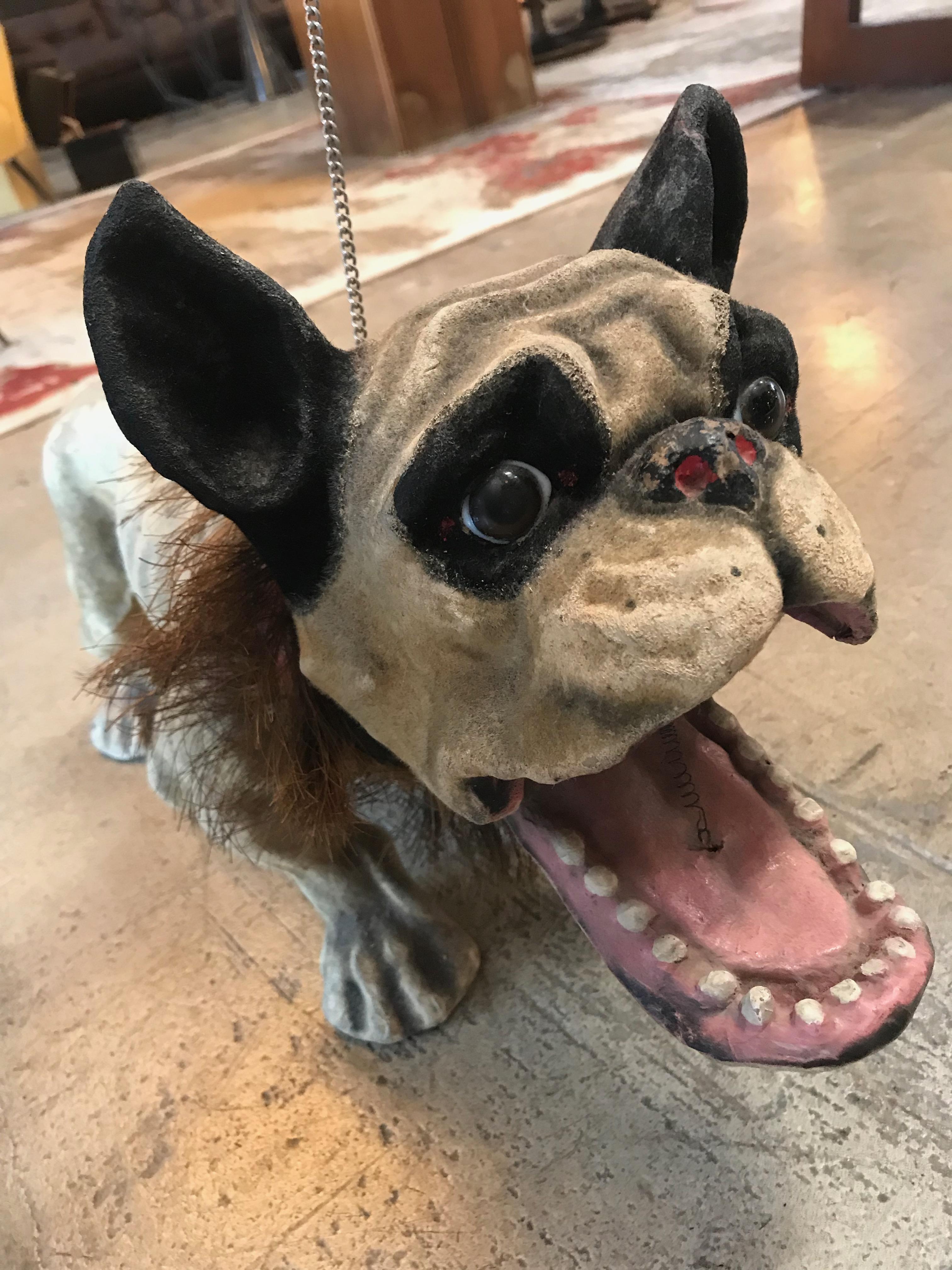 Papier Maché ‘Growler’ Bulldog Pull Toy, France, circa 1900 In Good Condition In Los Angeles, CA