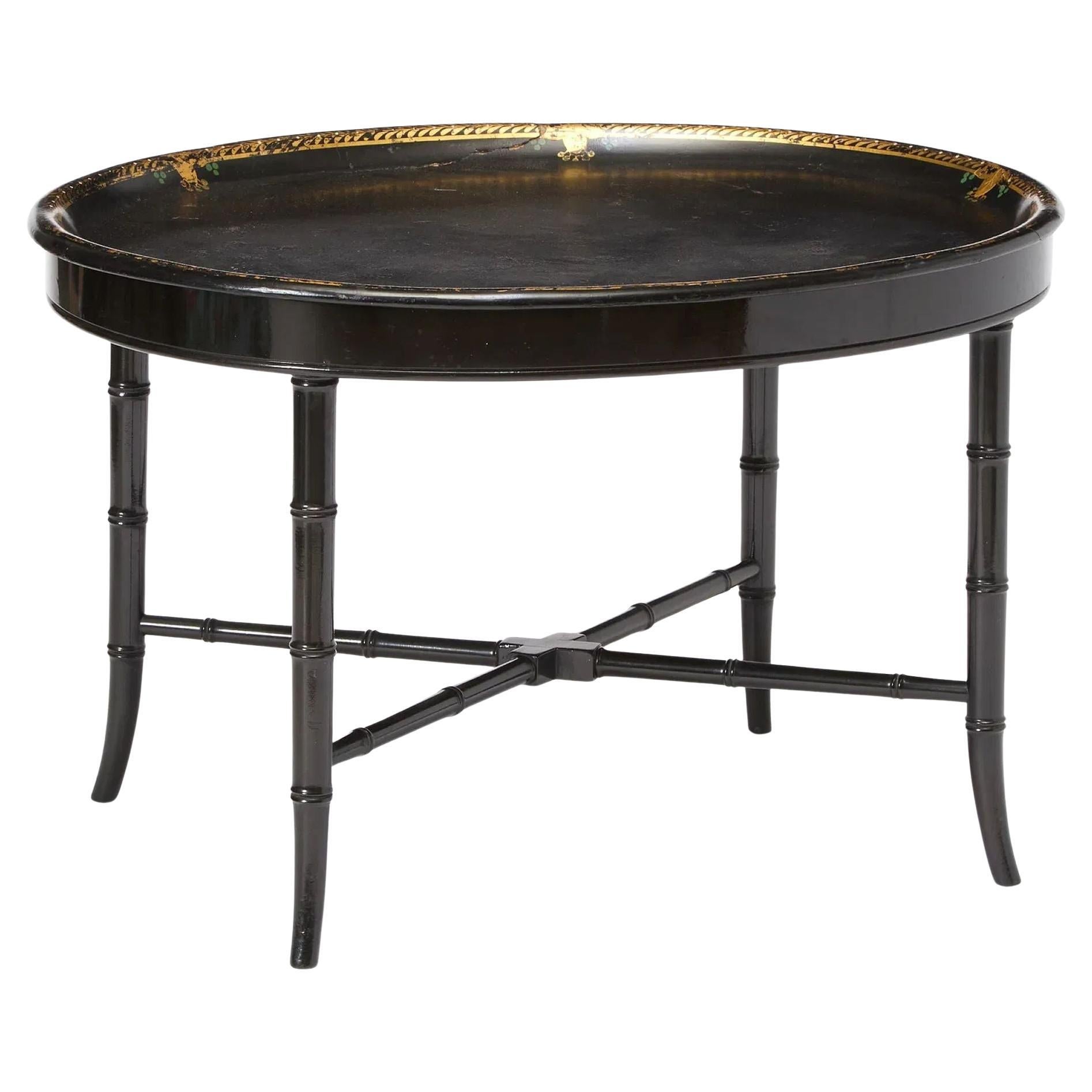Papier mache, hand painted tea table. 19th c black and gilt tray on stand. For Sale