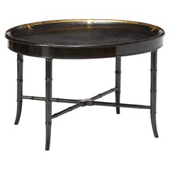 Antique Papier mache, hand painted tea table. 19th c black and gilt tray on stand.