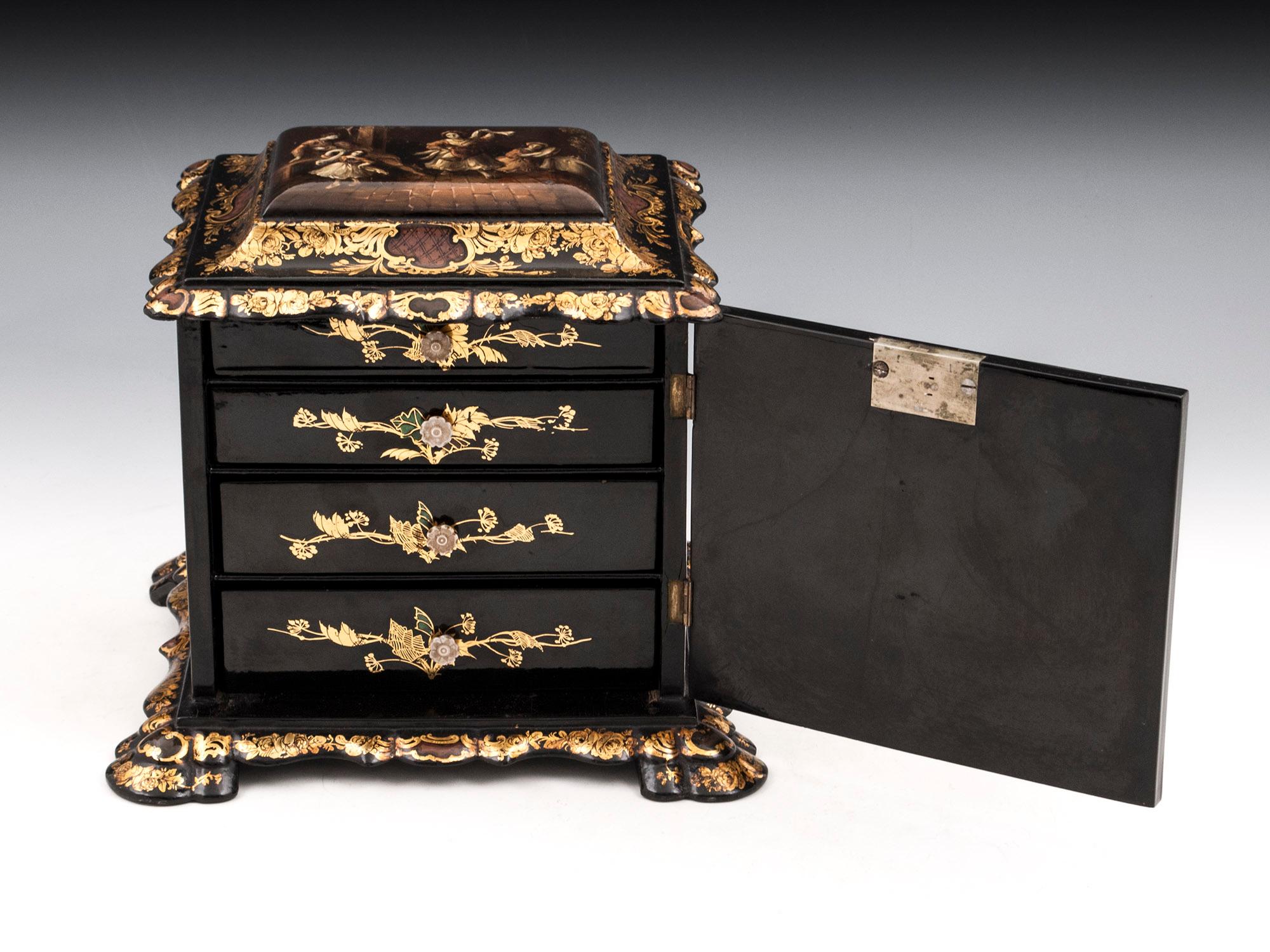 Papier Mâché Painted Antique Gold Leaf Mother of Pearl Jewelry Cabinet For Sale 3