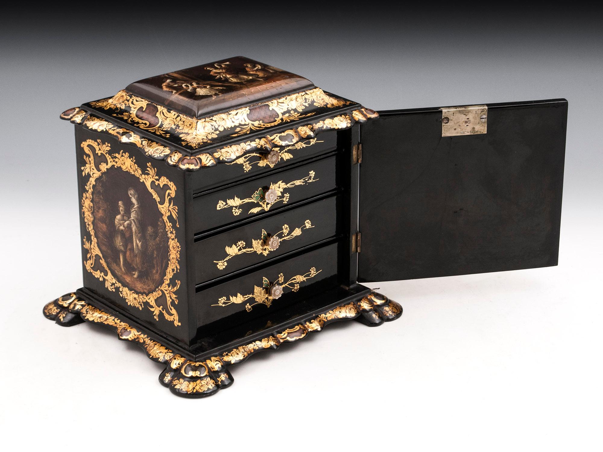 Papier Mâché Painted Antique Gold Leaf Mother of Pearl Jewelry Cabinet For Sale 4