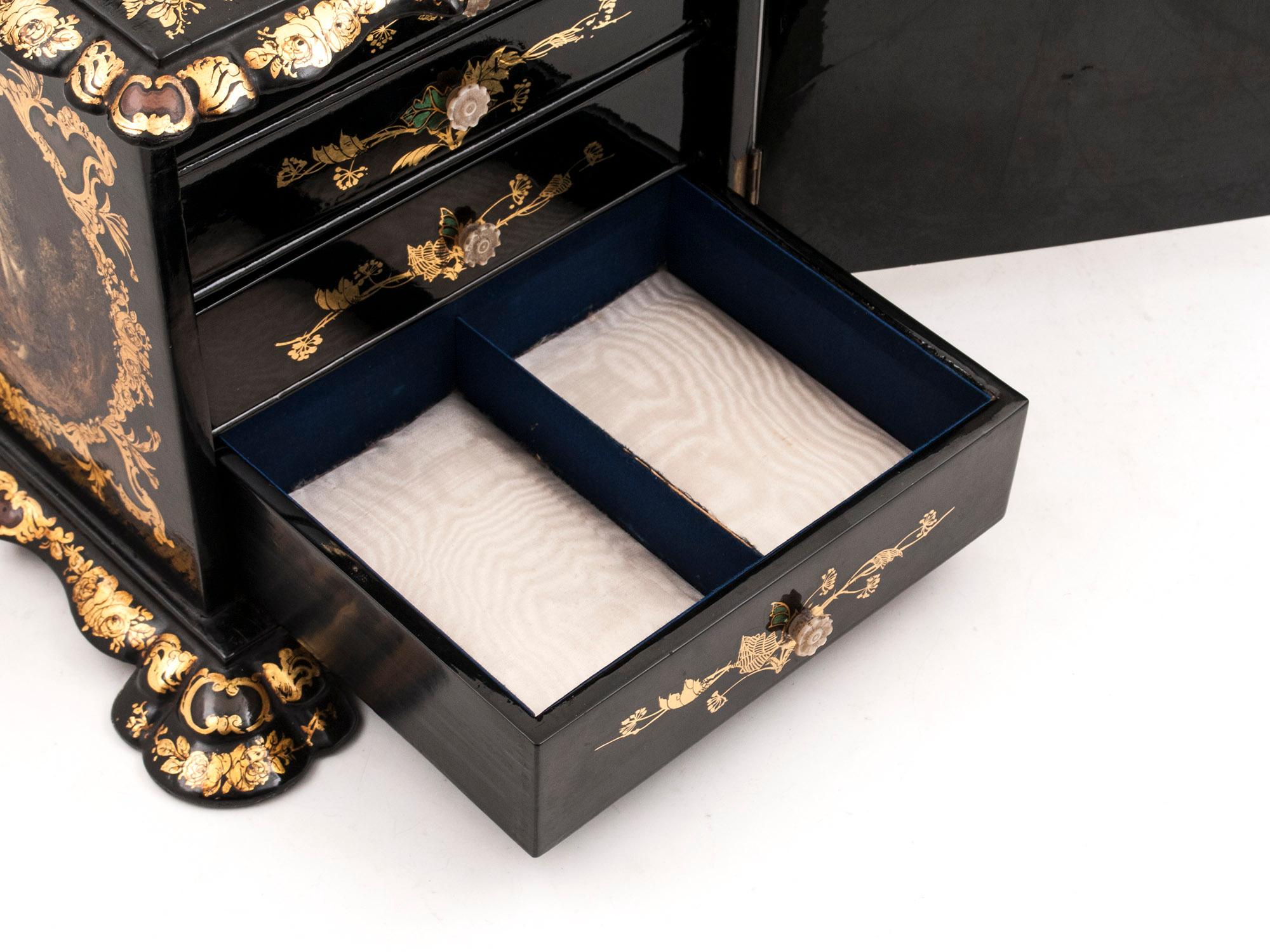 Papier Mâché Painted Antique Gold Leaf Mother of Pearl Jewelry Cabinet For Sale 5