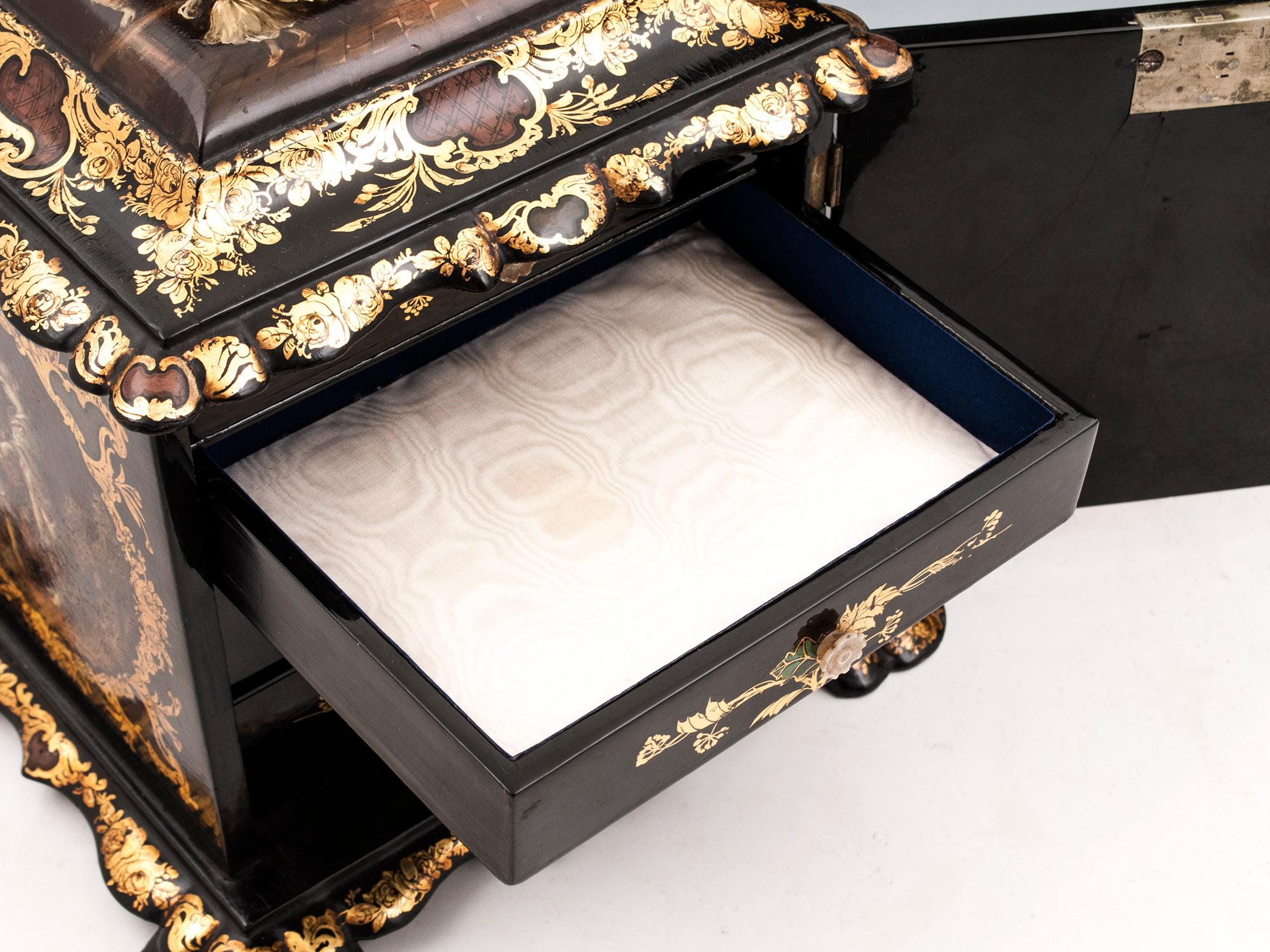 Papier Mâché Painted Antique Gold Leaf Mother of Pearl Jewelry Cabinet For Sale 7