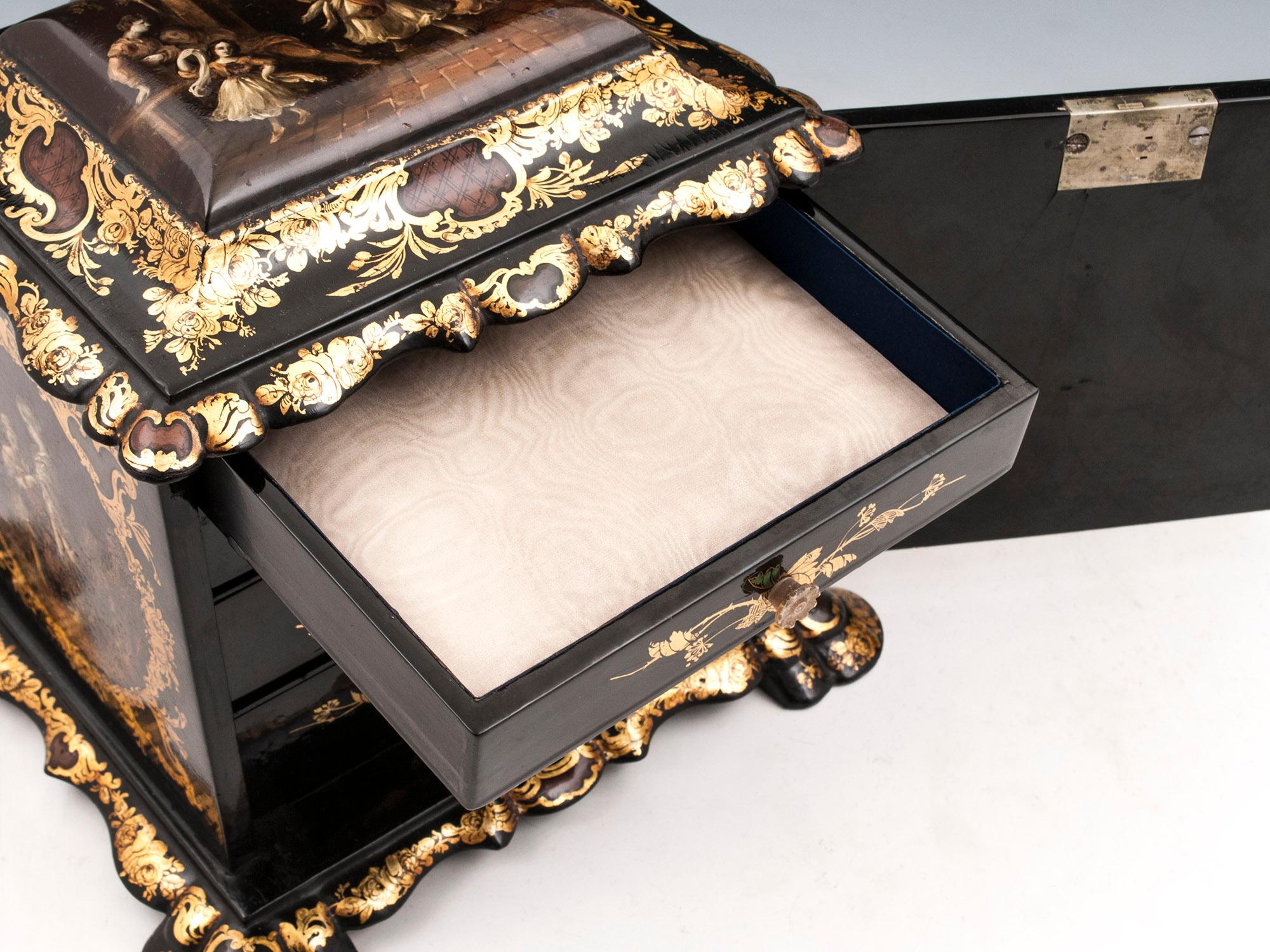 Papier Mâché Painted Antique Gold Leaf Mother of Pearl Jewelry Cabinet For Sale 8