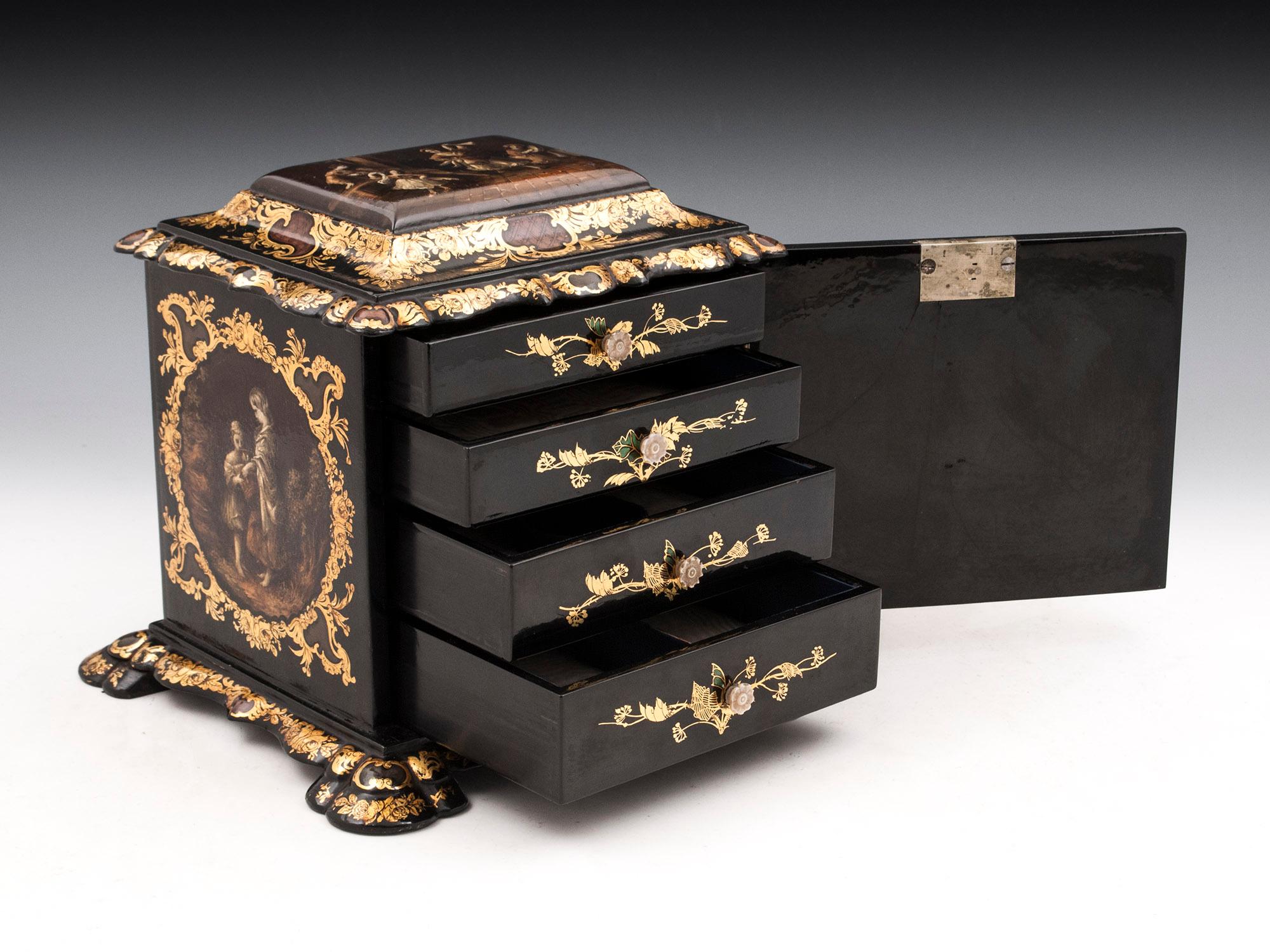 Papier Mâché Painted Antique Gold Leaf Mother of Pearl Jewelry Cabinet For Sale 9