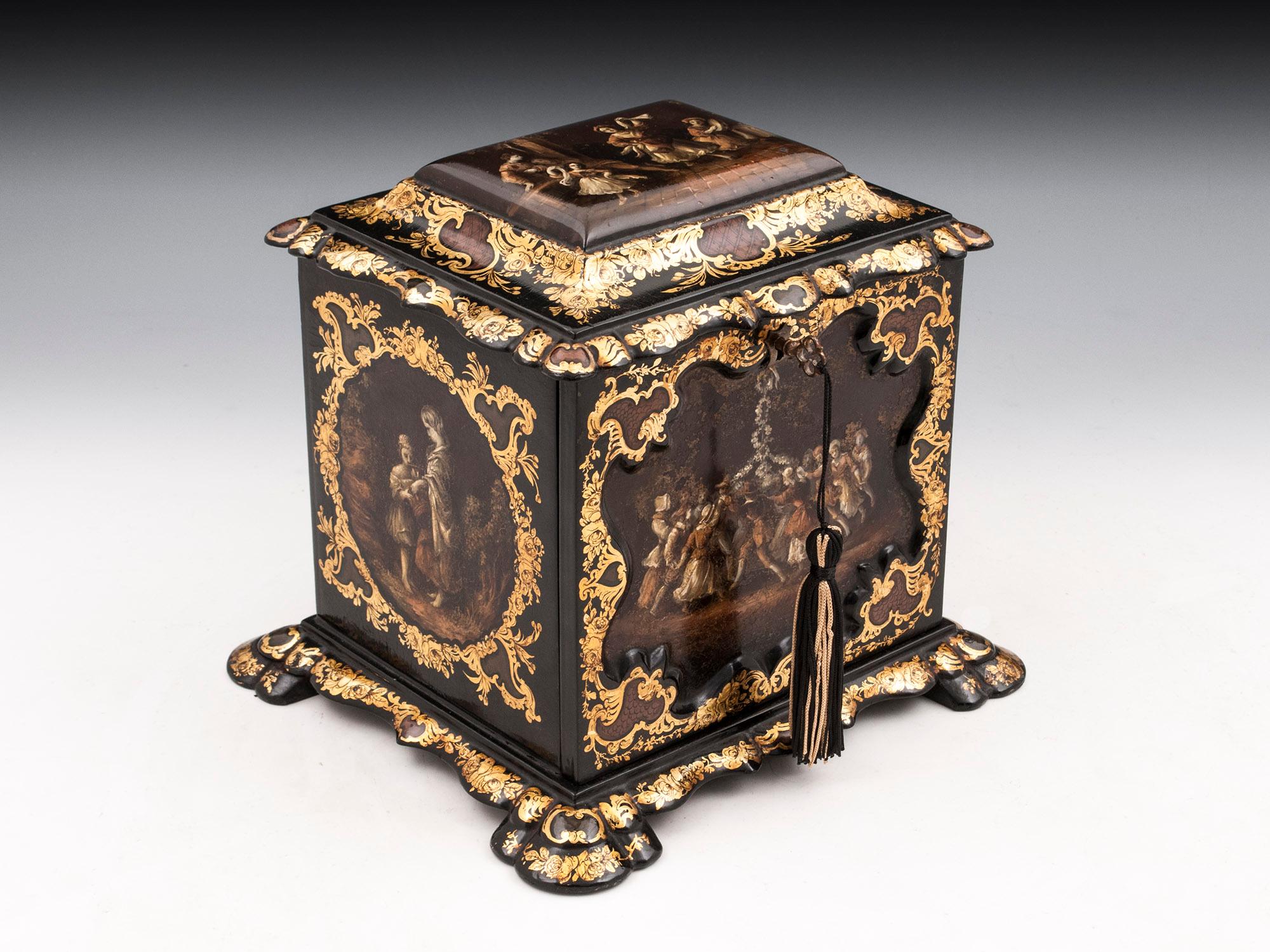 Papier Mâché Painted Antique Gold Leaf Mother of Pearl Jewelry Cabinet For Sale 10
