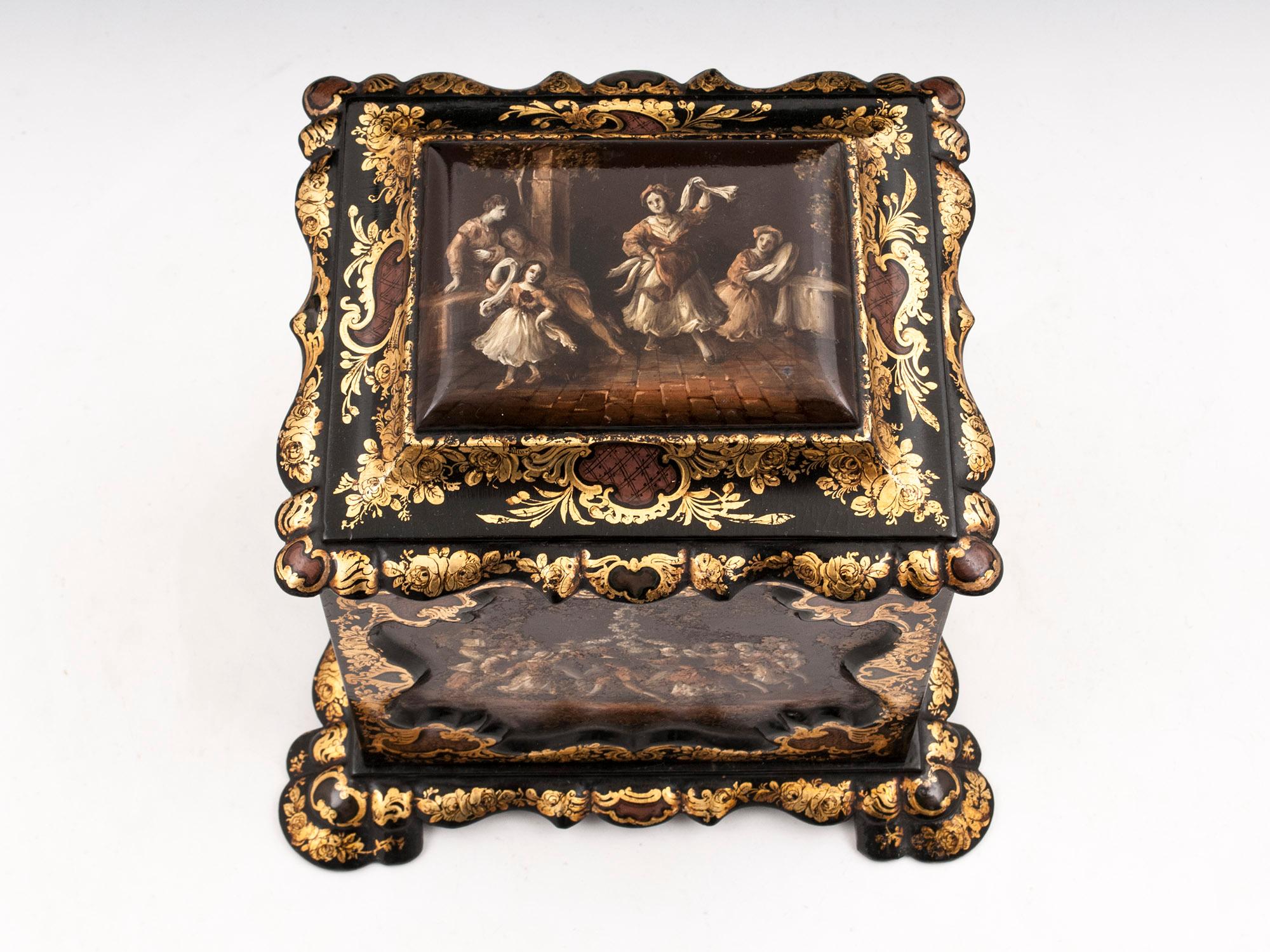 Victorian Papier Mâché Painted Antique Gold Leaf Mother of Pearl Jewelry Cabinet For Sale