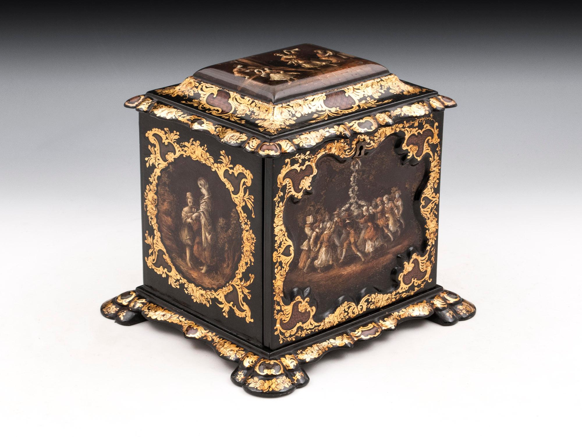 British Papier Mâché Painted Antique Gold Leaf Mother of Pearl Jewelry Cabinet For Sale