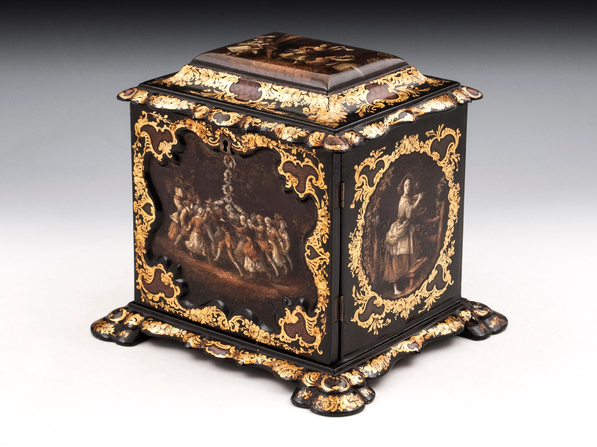 Papier Mâché Painted Antique Gold Leaf Mother of Pearl Jewelry Cabinet In Good Condition For Sale In Northampton, United Kingdom