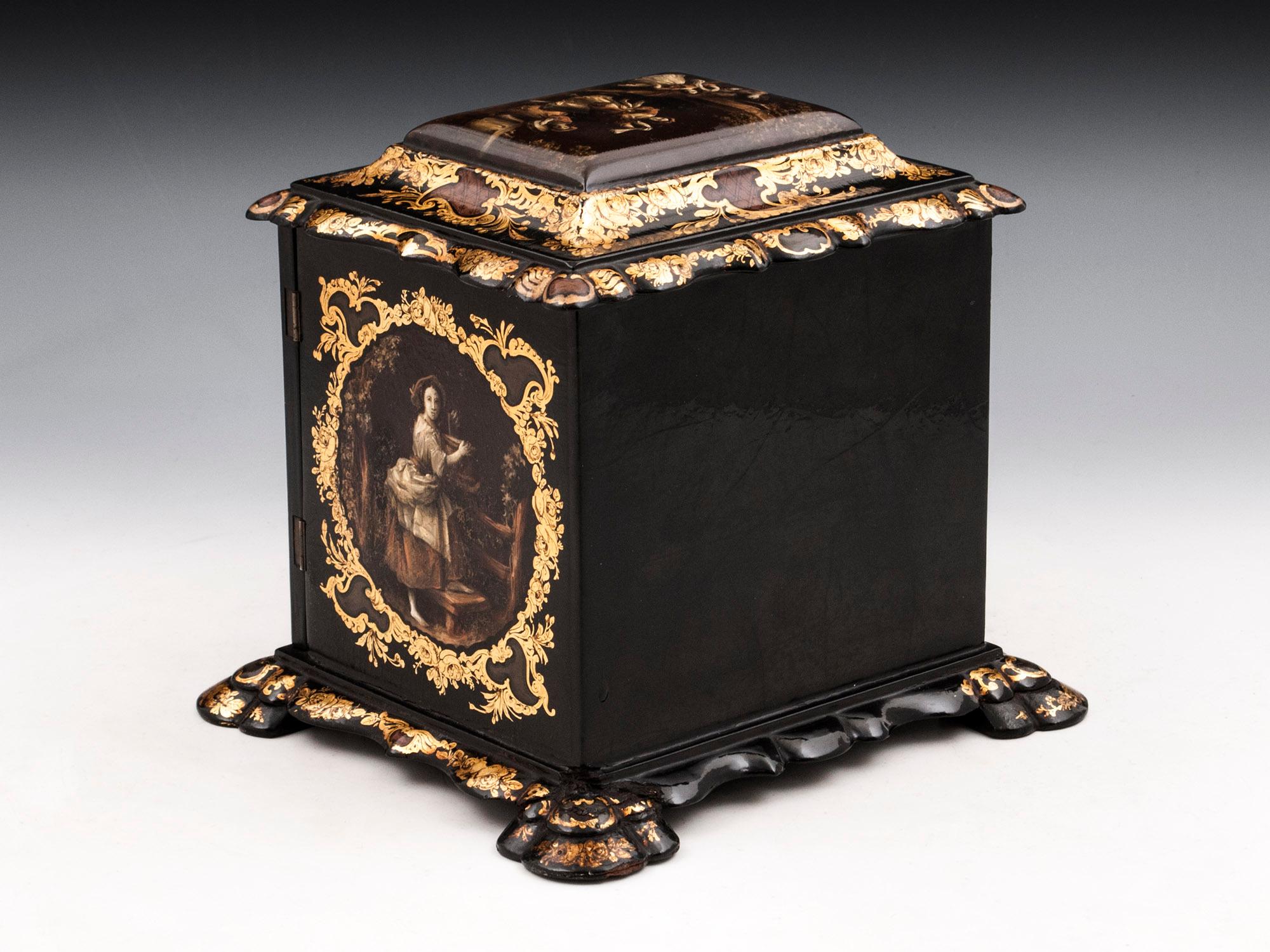 19th Century Papier Mâché Painted Antique Gold Leaf Mother of Pearl Jewelry Cabinet For Sale