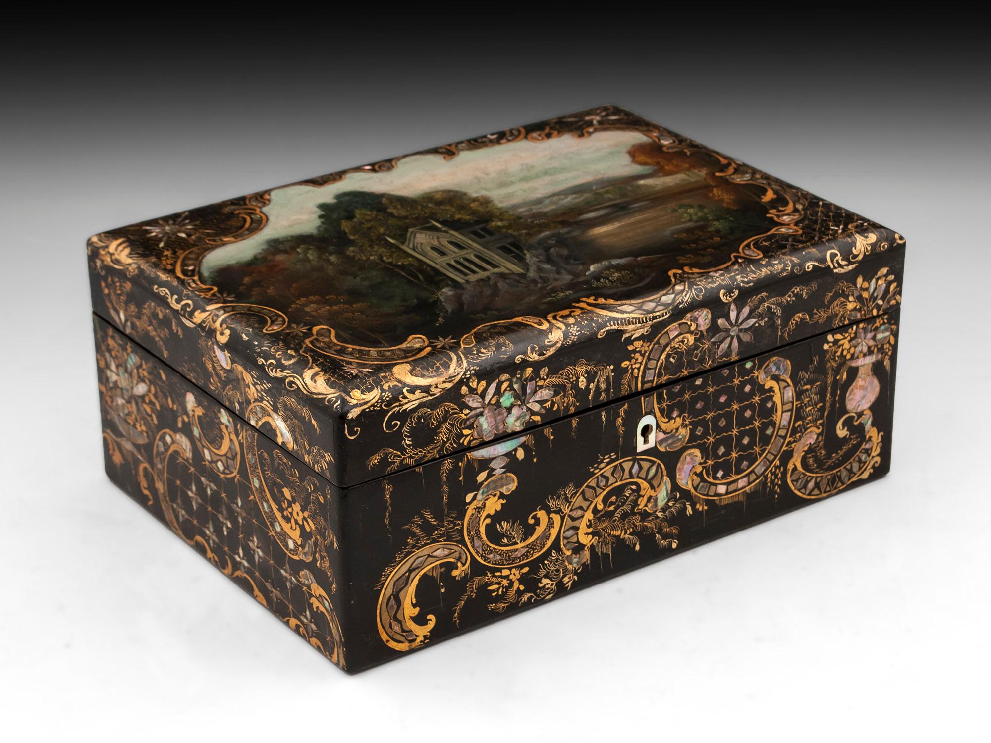 Papier Mâché Painted Sewing Needlework Box by Hausburg Liverpool 19th Century In Good Condition In Northampton, United Kingdom