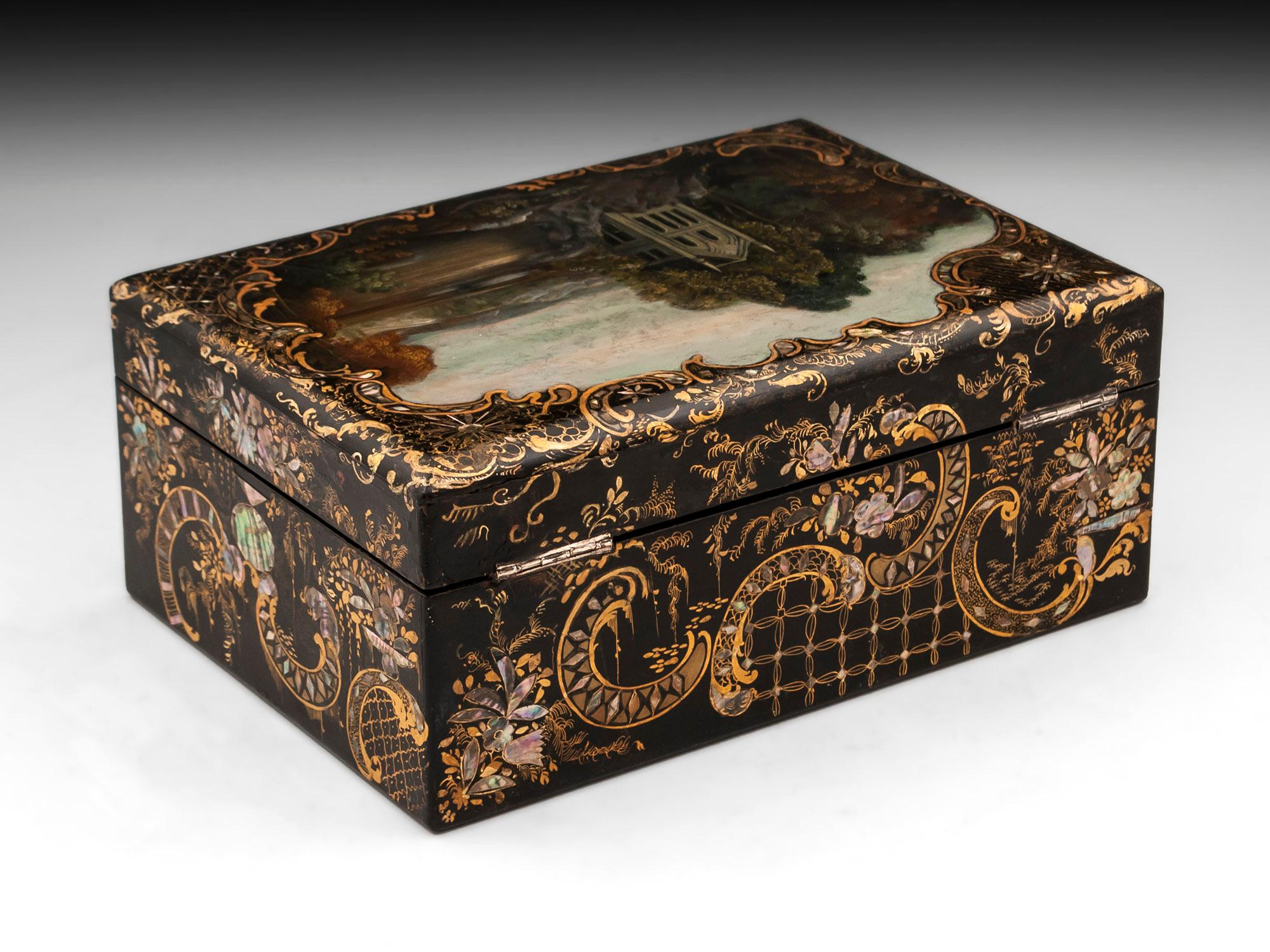 Papier Mâché Painted Sewing Needlework Box by Hausburg Liverpool 19th Century 1