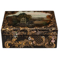 Papier Mâché Painted Sewing Needlework Box by Hausburg Liverpool 19th Century