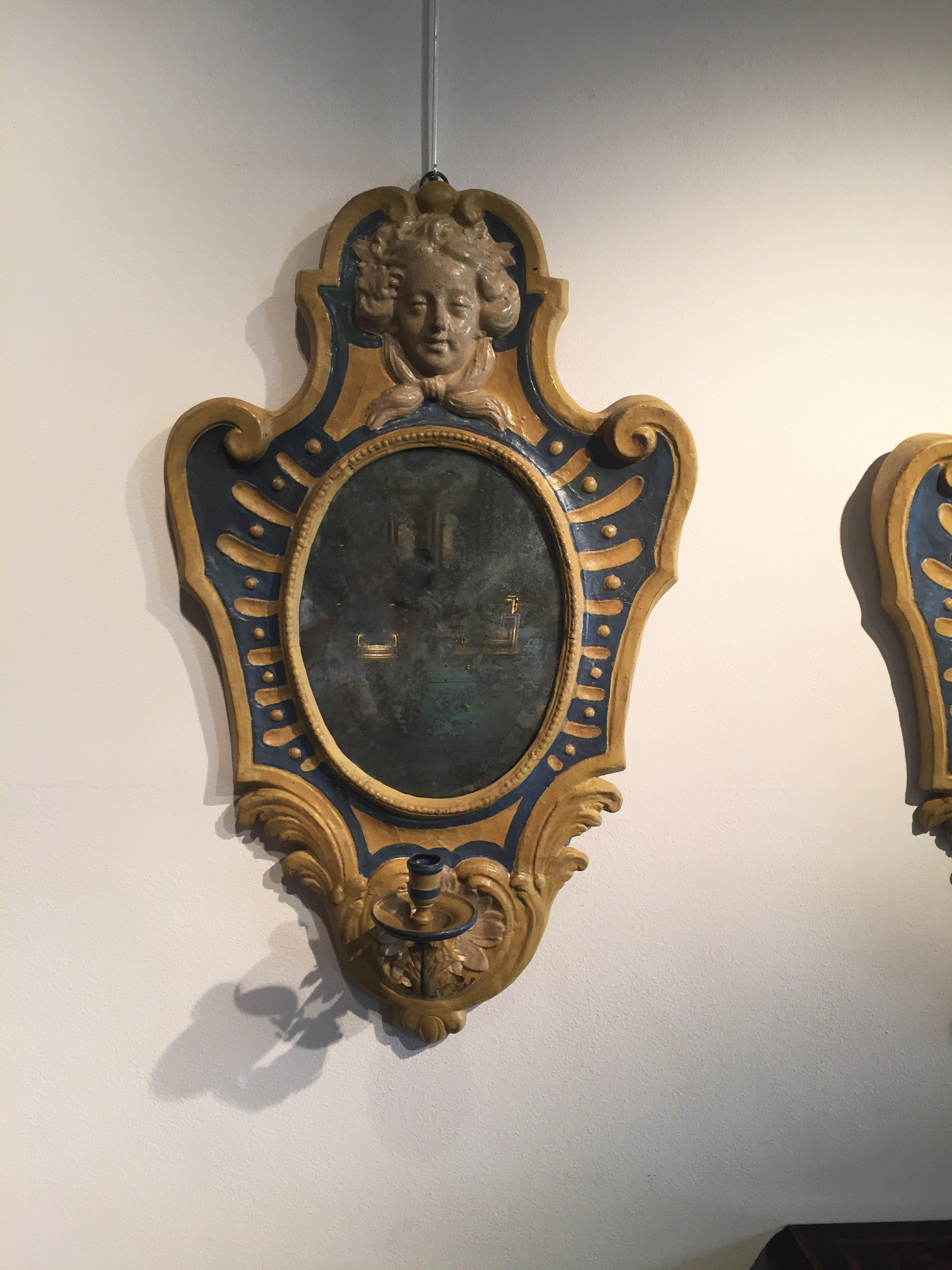 18th Century and Earlier Papier Maché Piedmont Louis XVI Two Appliques with Mirrors, 18th Century