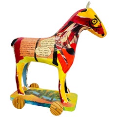 Papier Mâché Sculpture of a Horse in Polychrome Bright Colors Arabic Writing