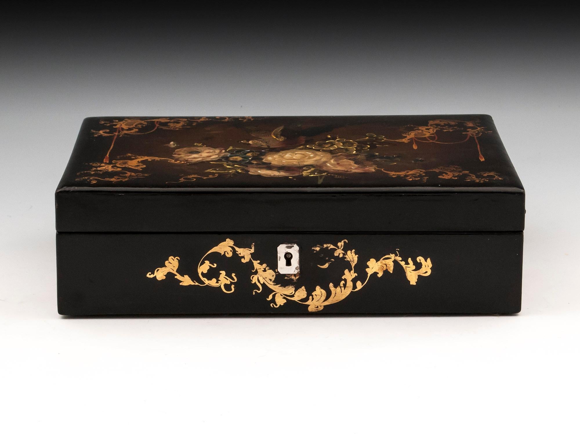 Victorian Papier Mâché Sewing Box Velvet Lined Mother-of-Pearl, 19th Century For Sale