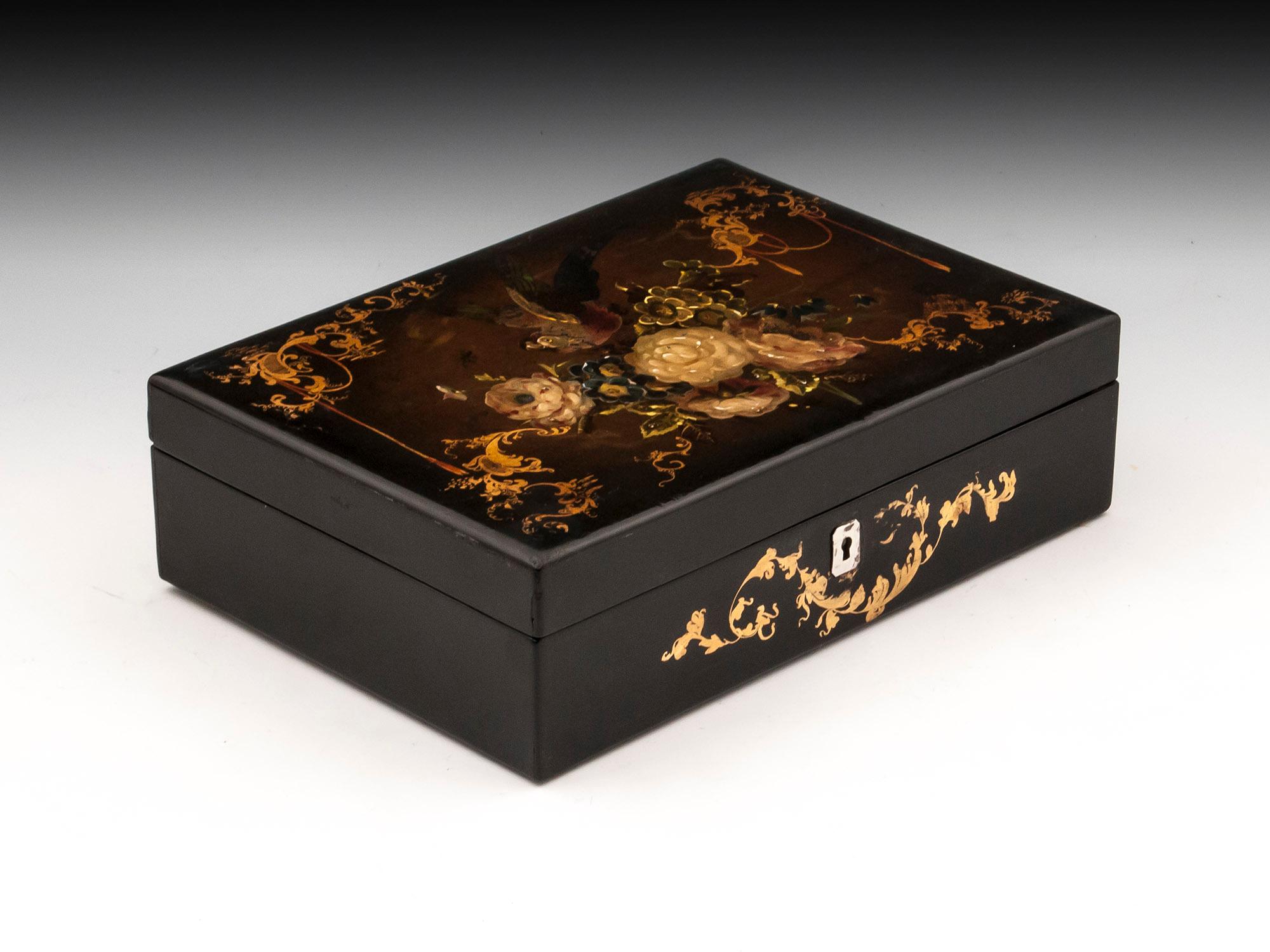 British Papier Mâché Sewing Box Velvet Lined Mother-of-Pearl, 19th Century For Sale